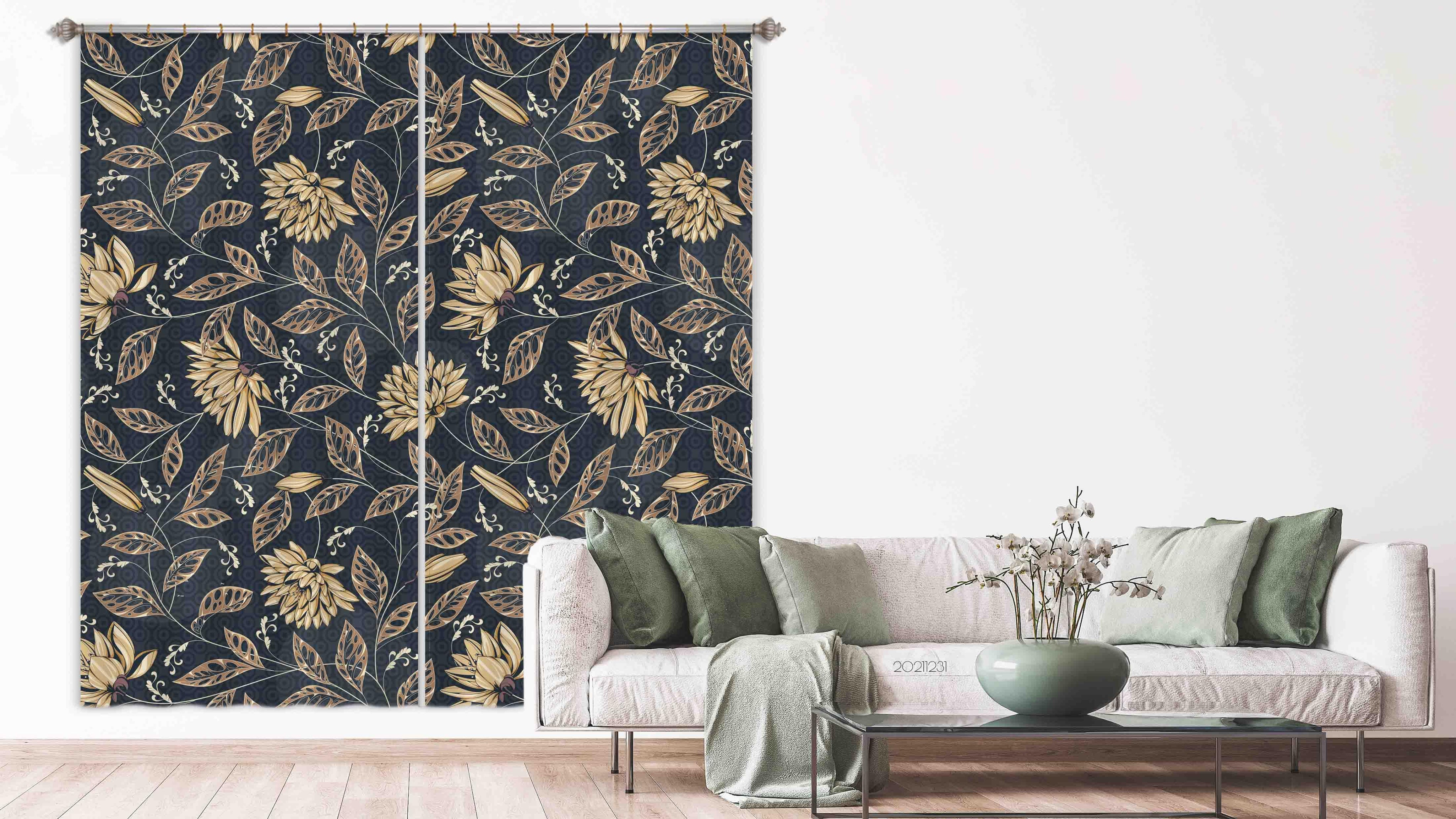 3D Vintage Golden Plant Flower Leaf Curtains and Drapes GD 76- Jess Art Decoration