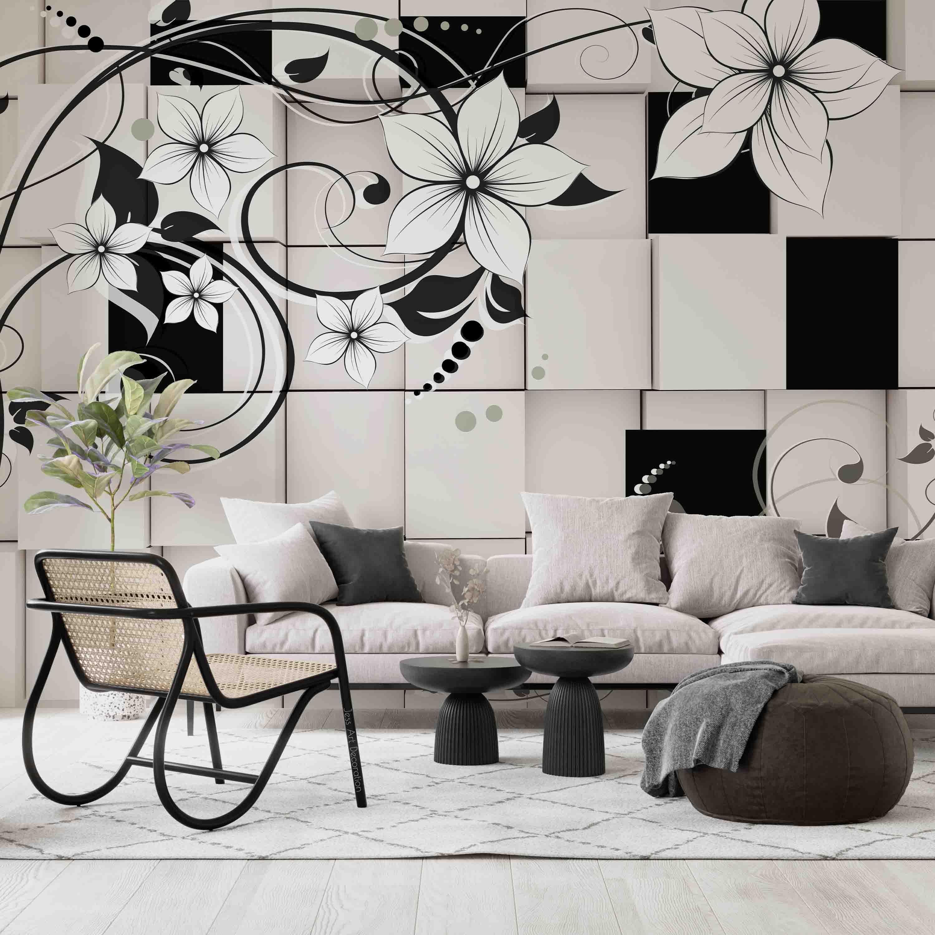3D Black White Geometric Square Flower Wall Mural Wallpaper GD 3136- Jess Art Decoration