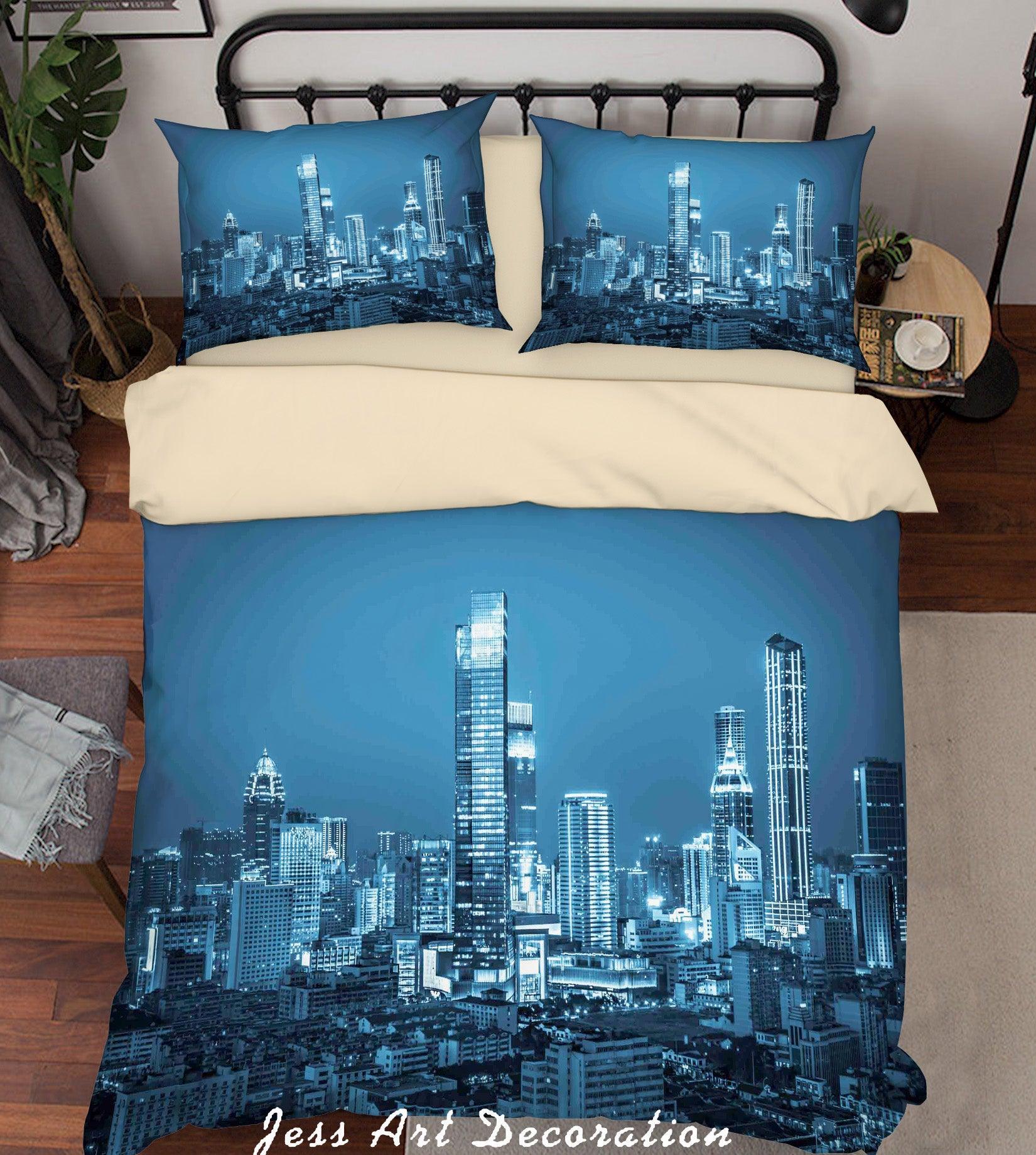3D Blue City Building Skyscraper Night View Quilt Cover Set Bedding Set Duvet Cover Pillowcases SF81- Jess Art Decoration