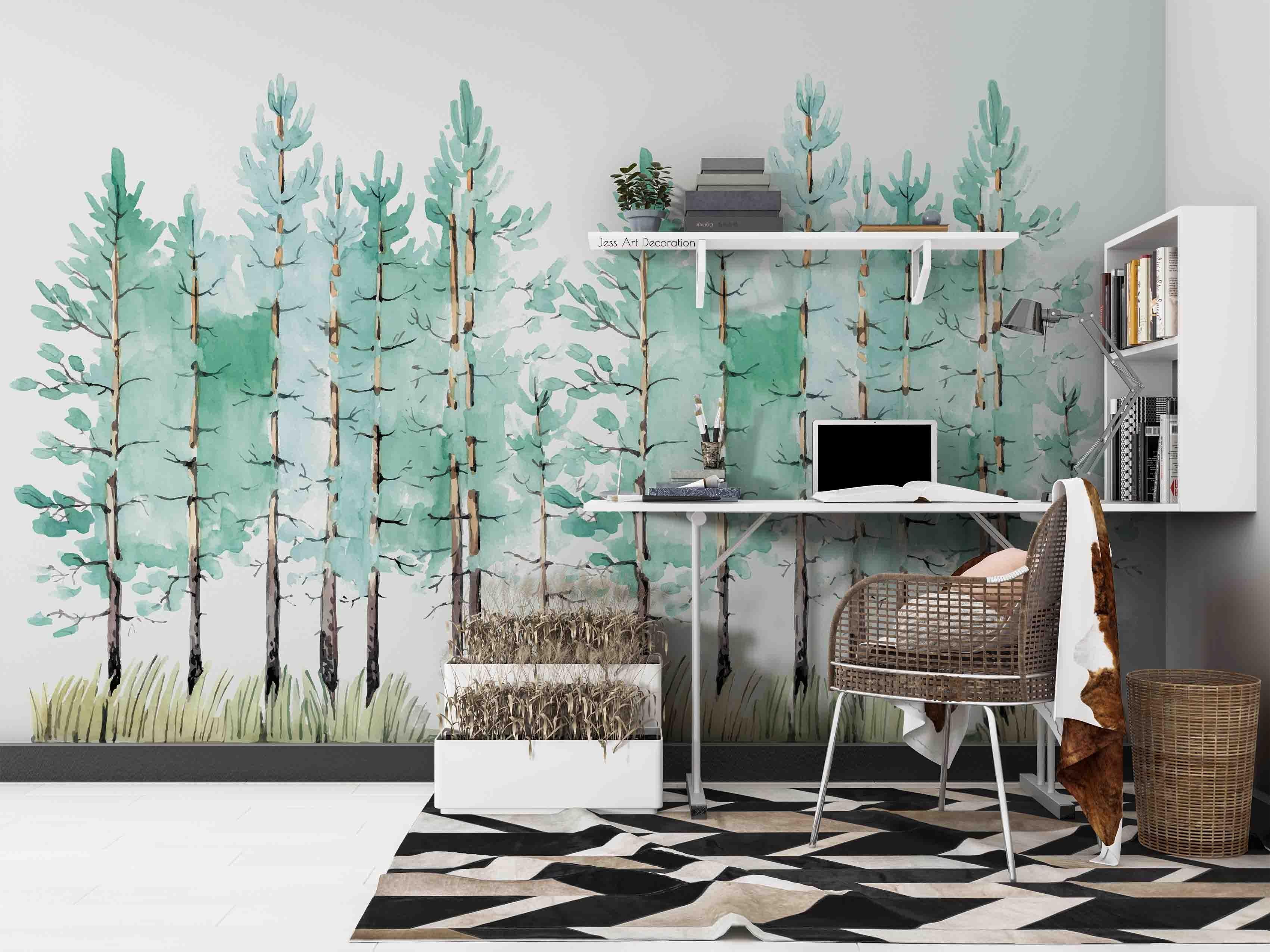 3D Hand Draw Pine Forest Wall Mural Wallpaper sww 283- Jess Art Decoration