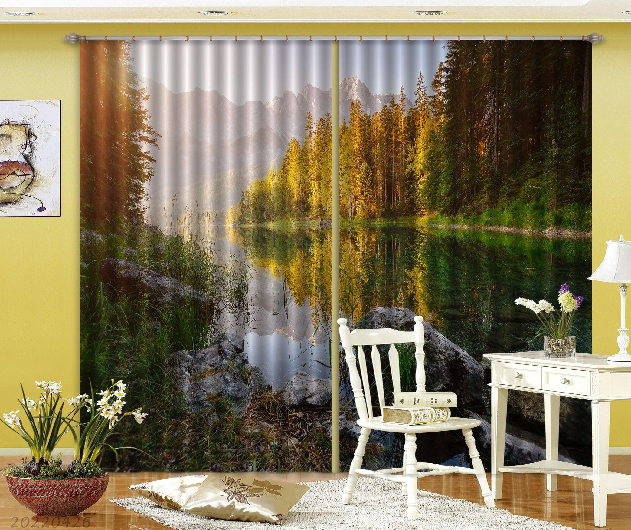 3D Landscape Mountain Forest River Rock Tree Curtains and Drapes GD 4900- Jess Art Decoration