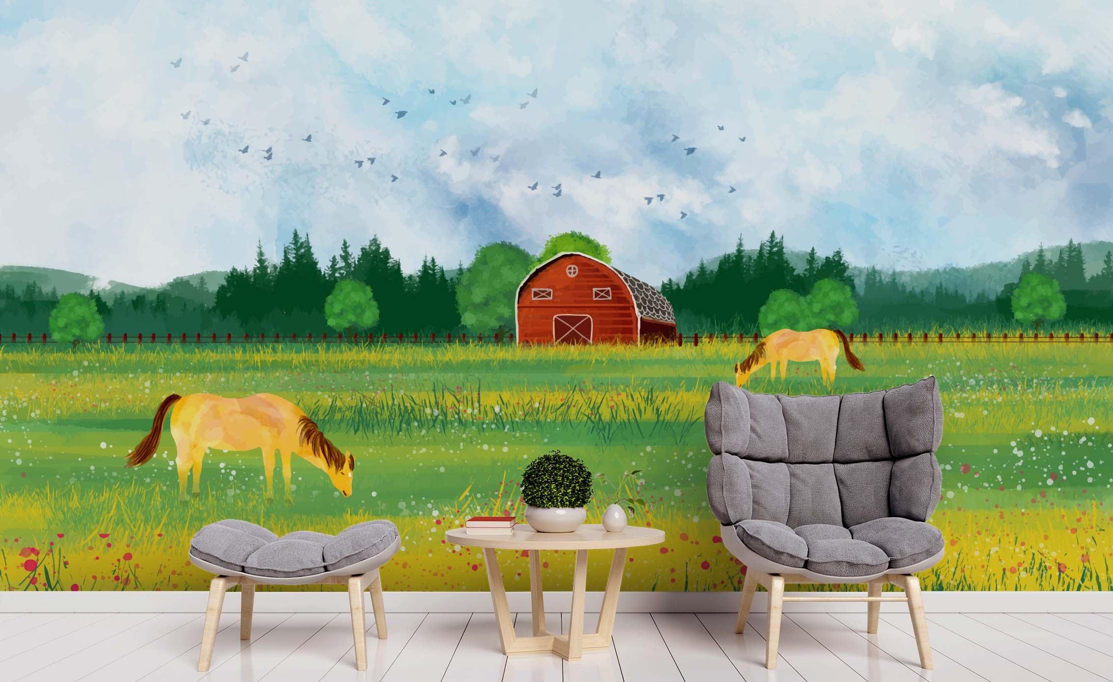 3D Cartoon Beautiful Grassland Animals Horse Green Wall Mural Wallpaper ZY D111- Jess Art Decoration