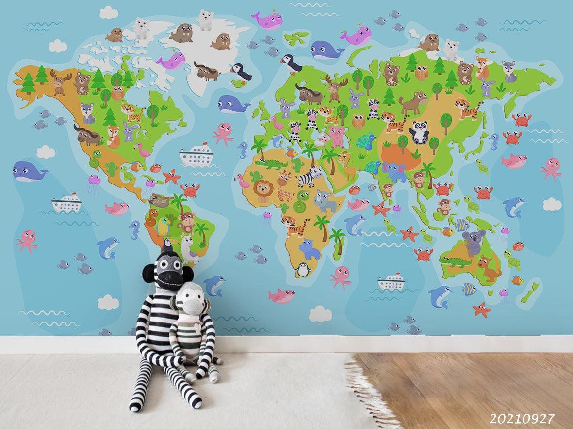 3D Blue World Map Kids Wall Mural Wallpaper LQH 150- Jess Art Decoration