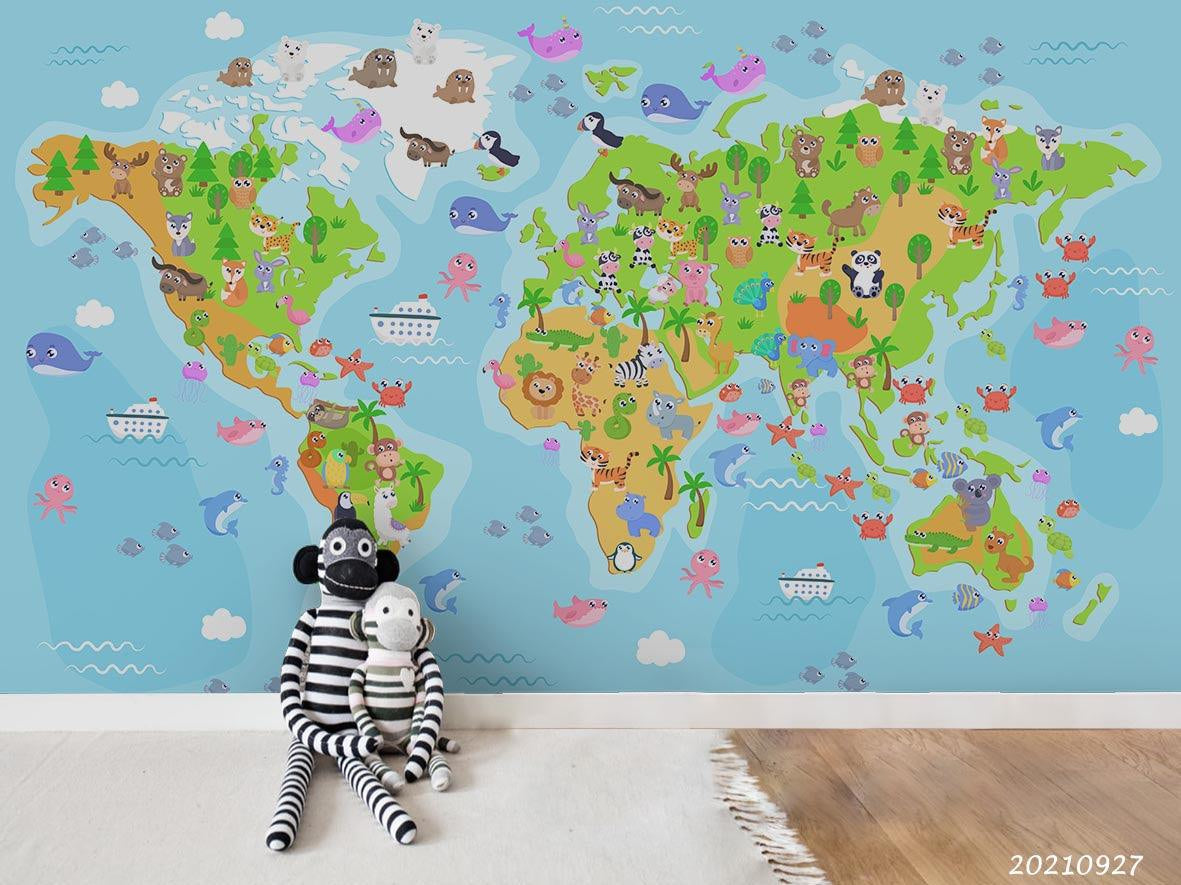3D Blue World Map Kids Wall Mural Wallpaper LQH 150- Jess Art Decoration