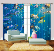 3D Blue Ocean School of Fish Curtains and Drapes LQH 295- Jess Art Decoration