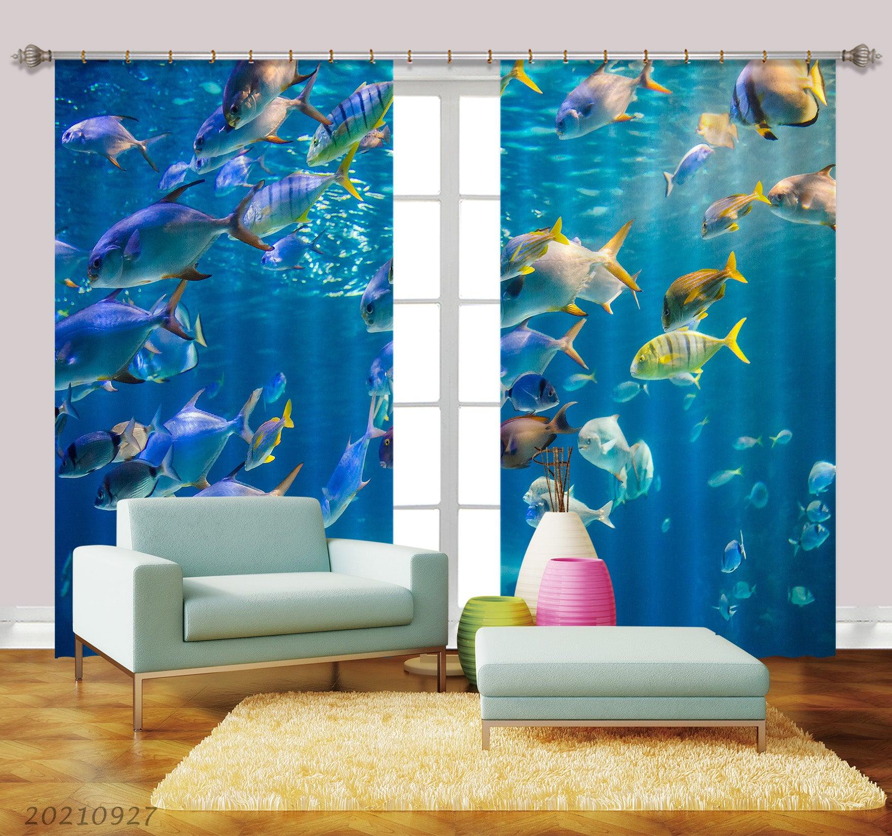 3D Blue Ocean School of Fish Curtains and Drapes LQH 295- Jess Art Decoration