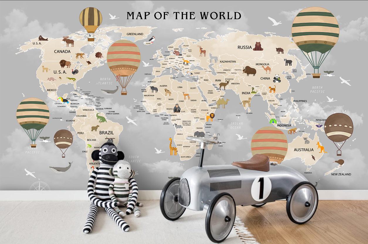 3D World Map Hot Air Balloon Wall Mural Wallpaper LQH 35- Jess Art Decoration