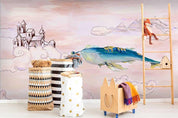 3D Pink Castle Blue Whale Wall Mural Wallpaper 01- Jess Art Decoration