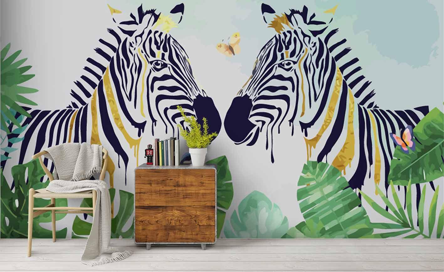 3D Watercolor Zebra Green Leaves Wall Mural Wallpaper 52- Jess Art Decoration