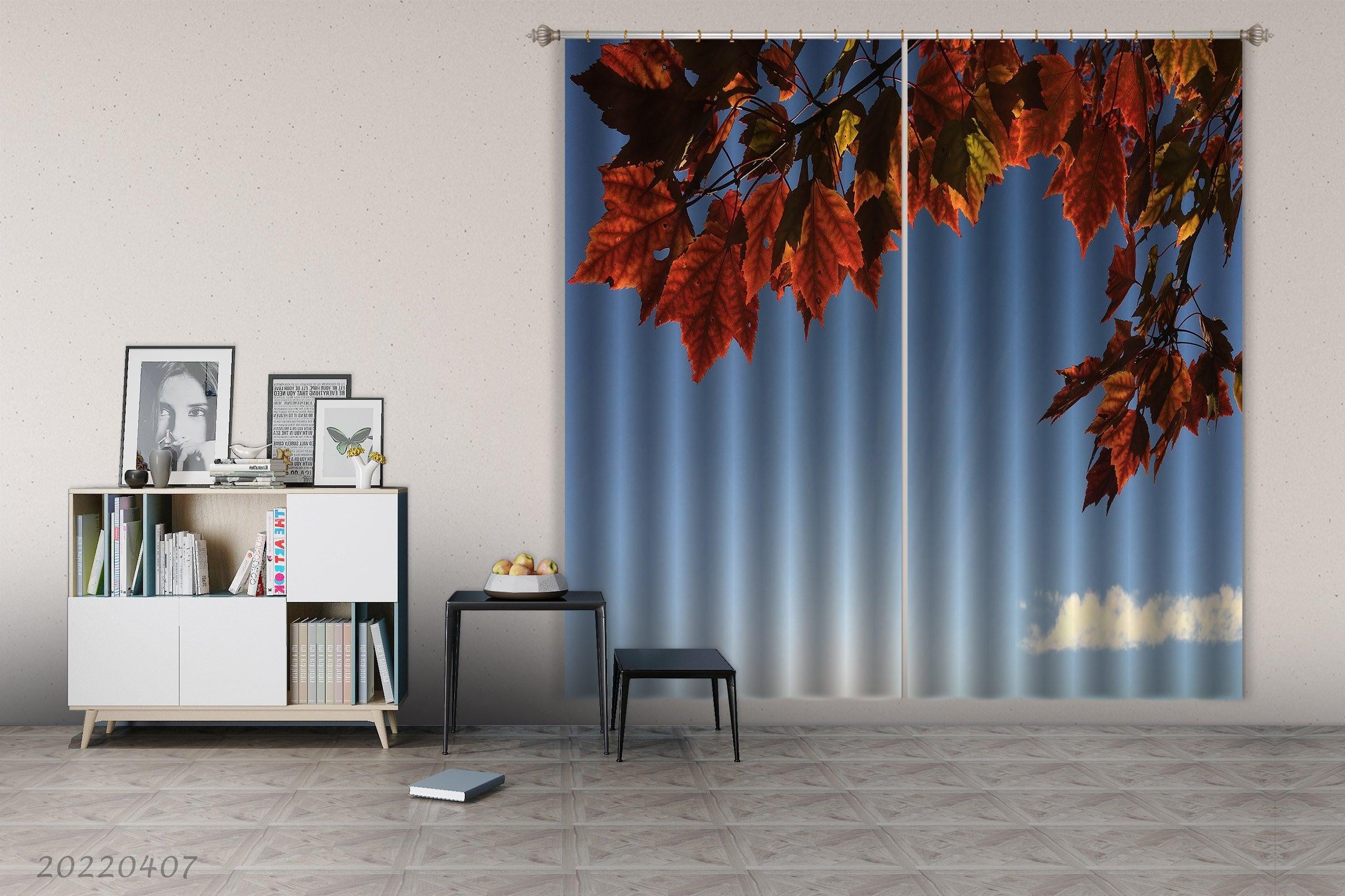 3D Tree Sunbeam Red Leaf Blue Sky Curtains and Drapes GD 3471- Jess Art Decoration