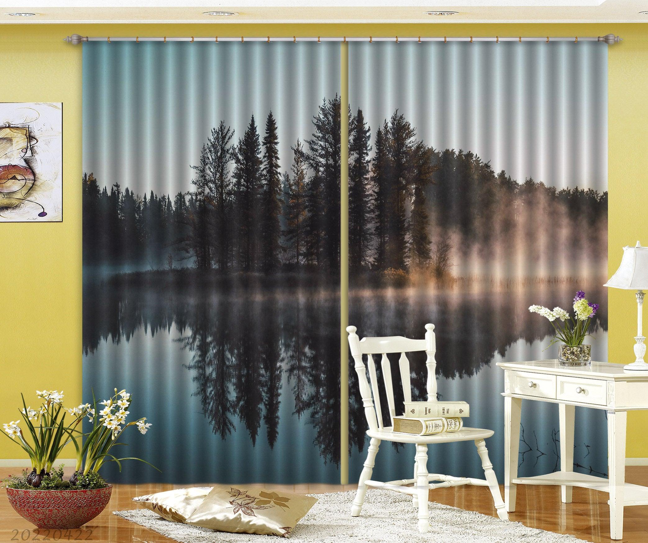 3D Landscape Lake Woods Fog Reflection Curtains and Drapes GD 4239- Jess Art Decoration