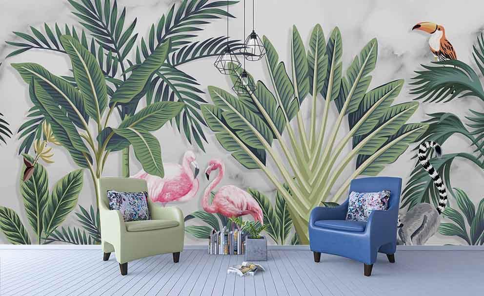 3D Tropical Jungle Flamingo Wall Mural Wallpaper LQH 115- Jess Art Decoration