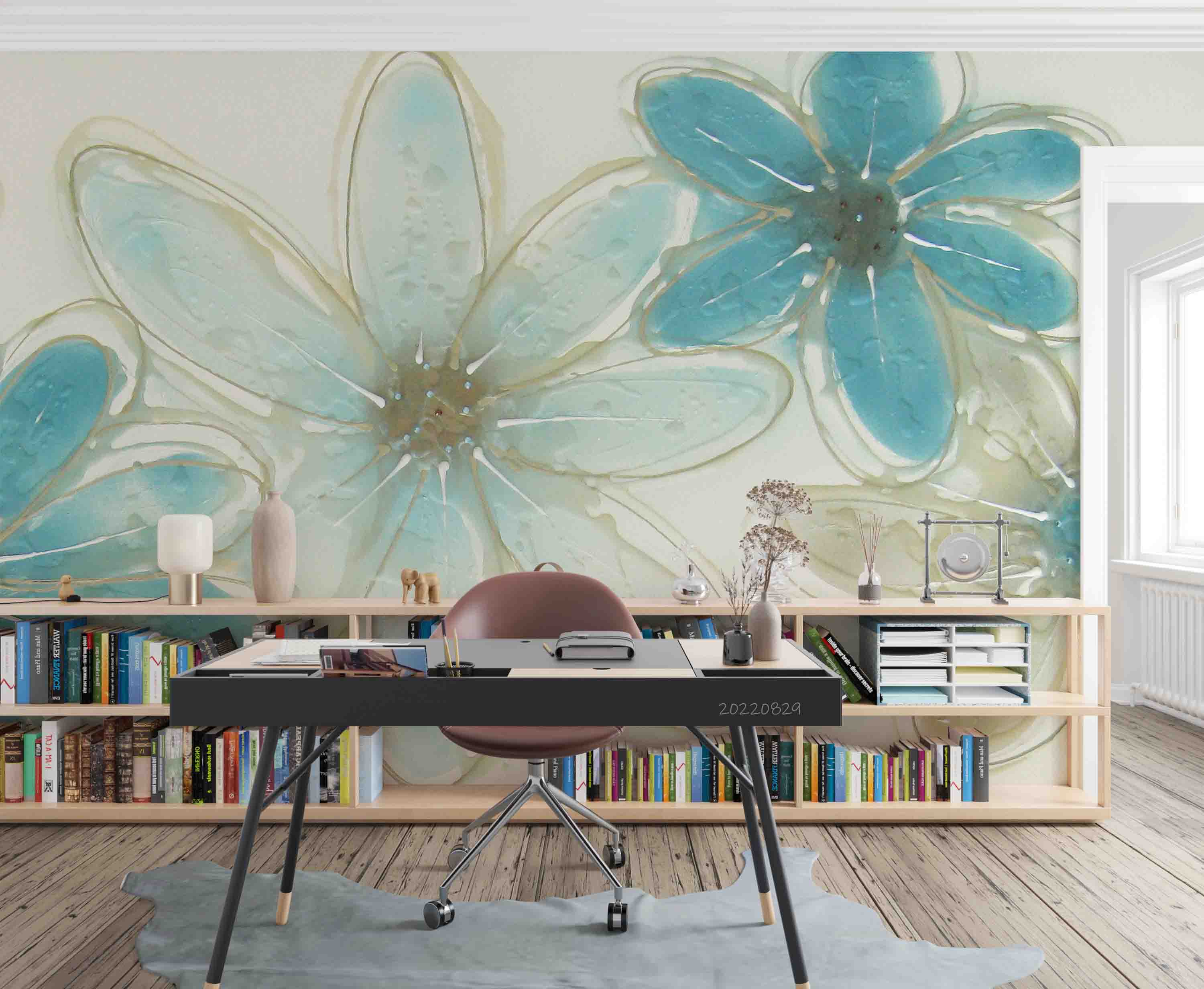 3D Teal Floral Watercolor Wall Mural Wallpaper GD 2667- Jess Art Decoration