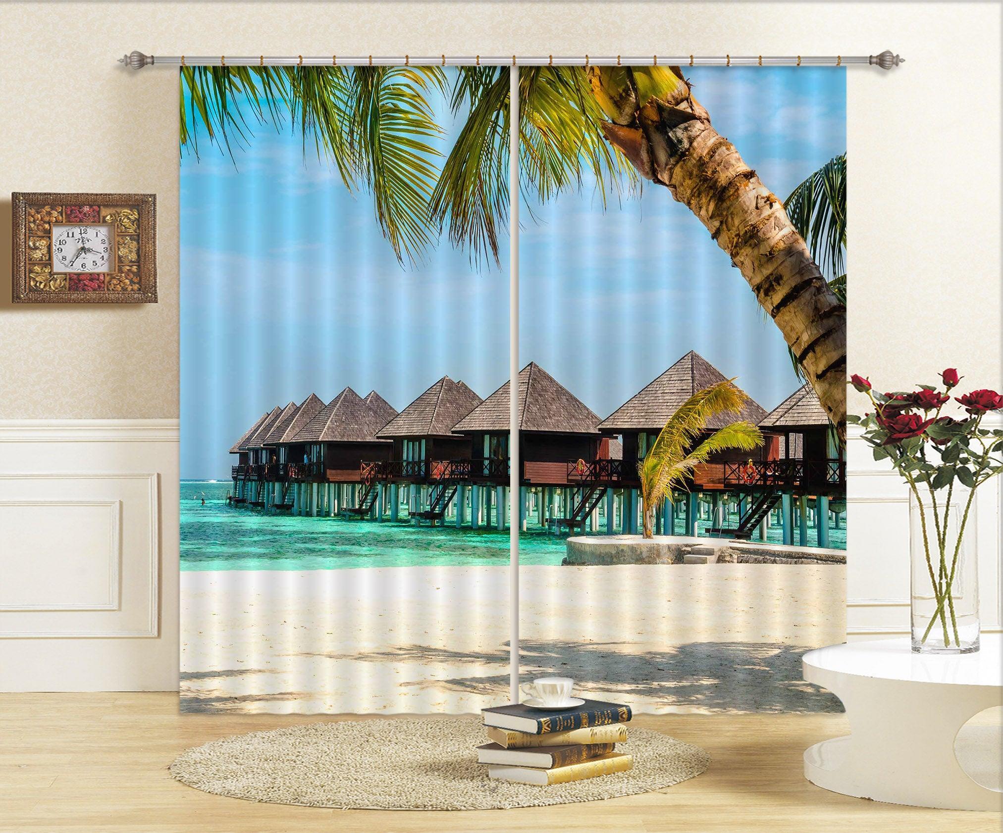 3D Beach Sea Hut Palm Tree Maldives Curtains and Drapes SF119- Jess Art Decoration