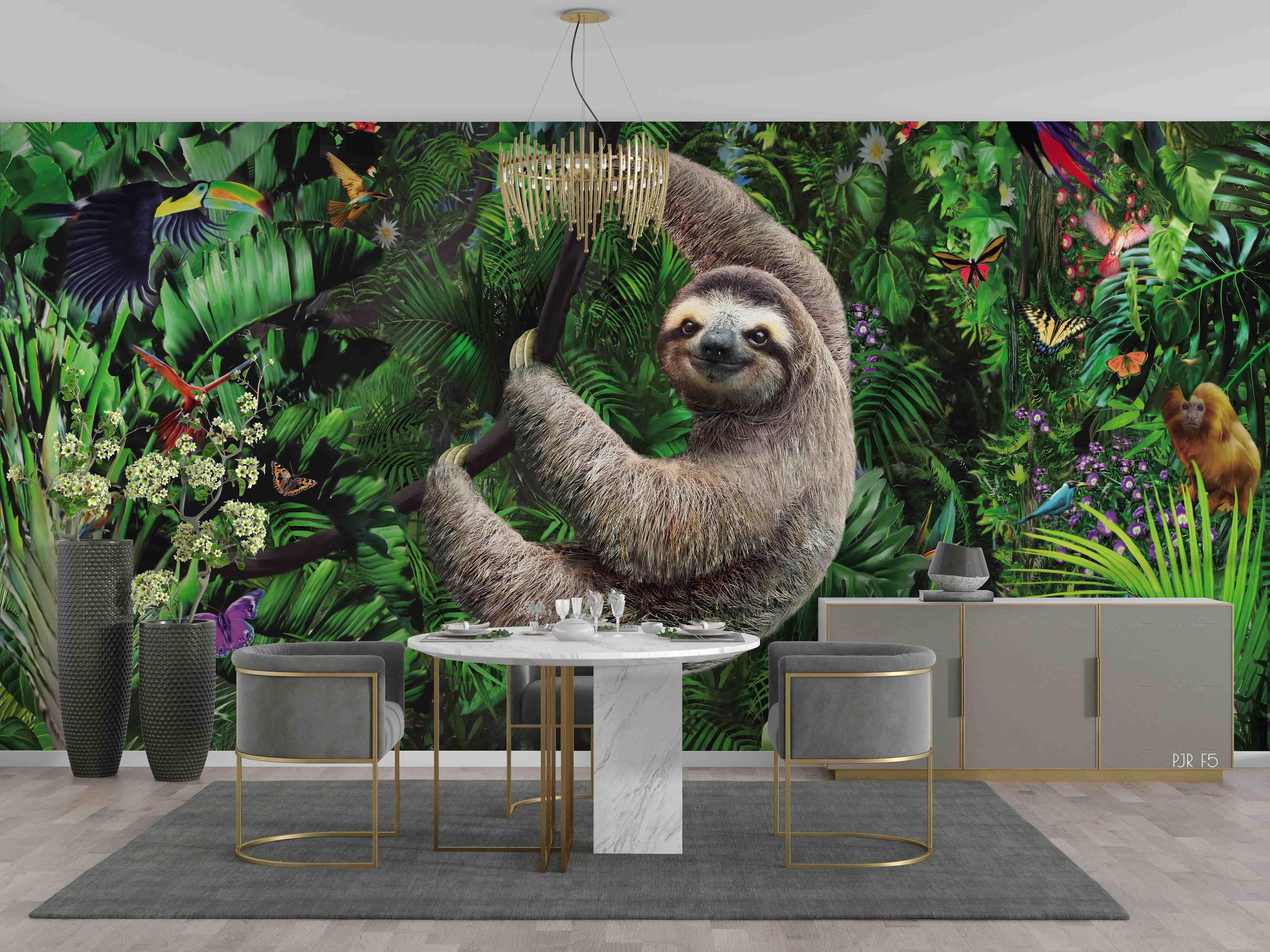3D Sloth Jungle Animal playful sloth jungle scene wall mural wallpaper for kids room - view 2
