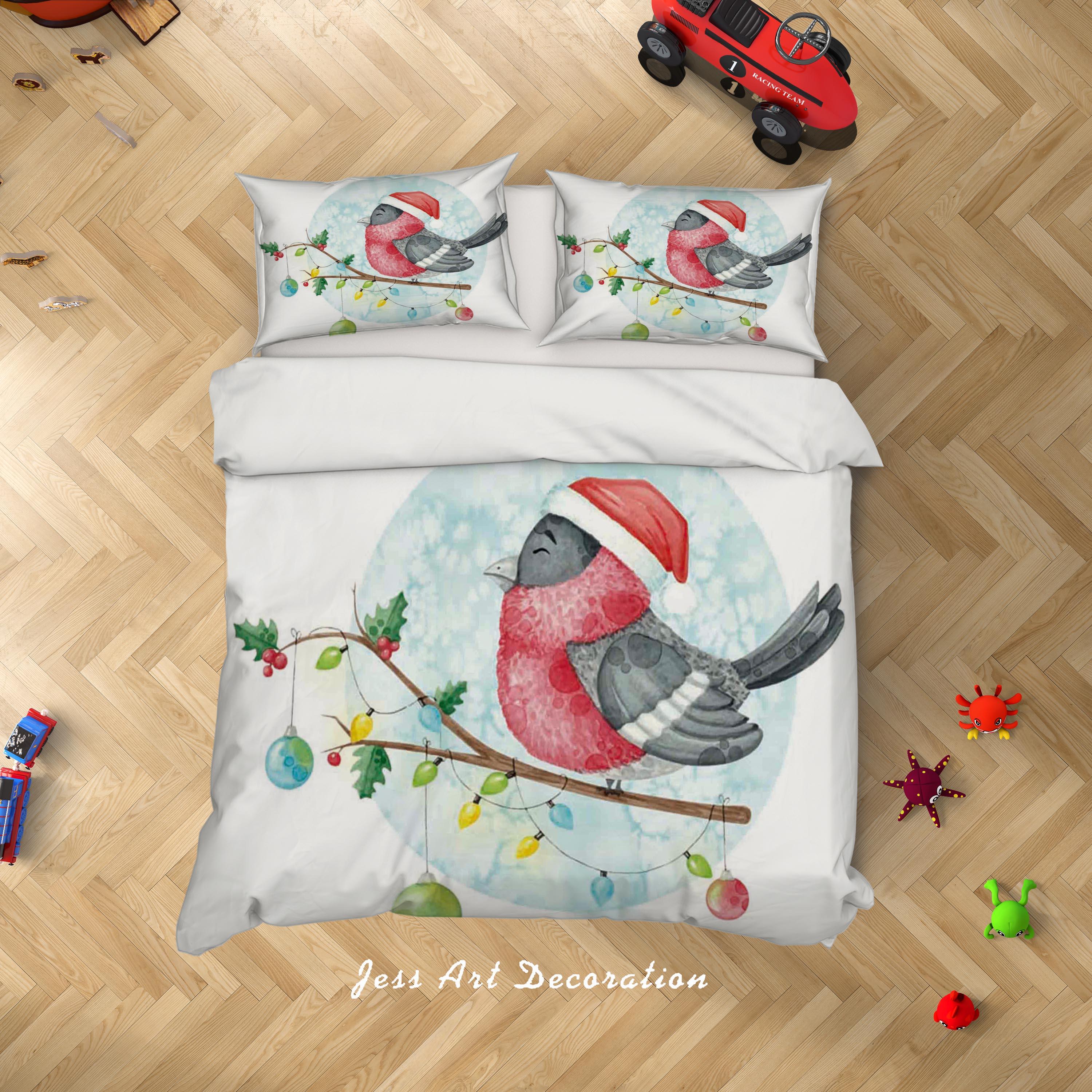 3D White Branch Bird Christmas Hat Quilt Cover Set Bedding Set Duvet Cover Pillowcases SF18- Jess Art Decoration
