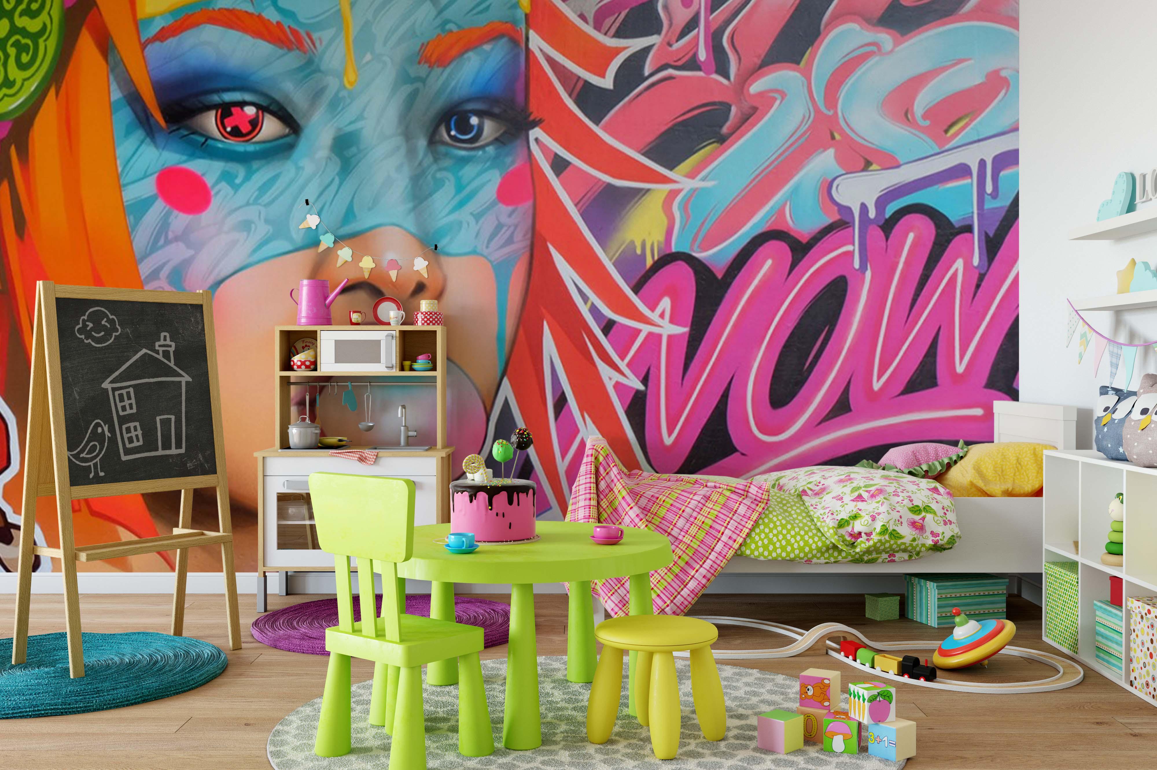 3D Young Girl Face Colorful Graffiti Wall Mural Wallpaper 260- Jess Art Decoration