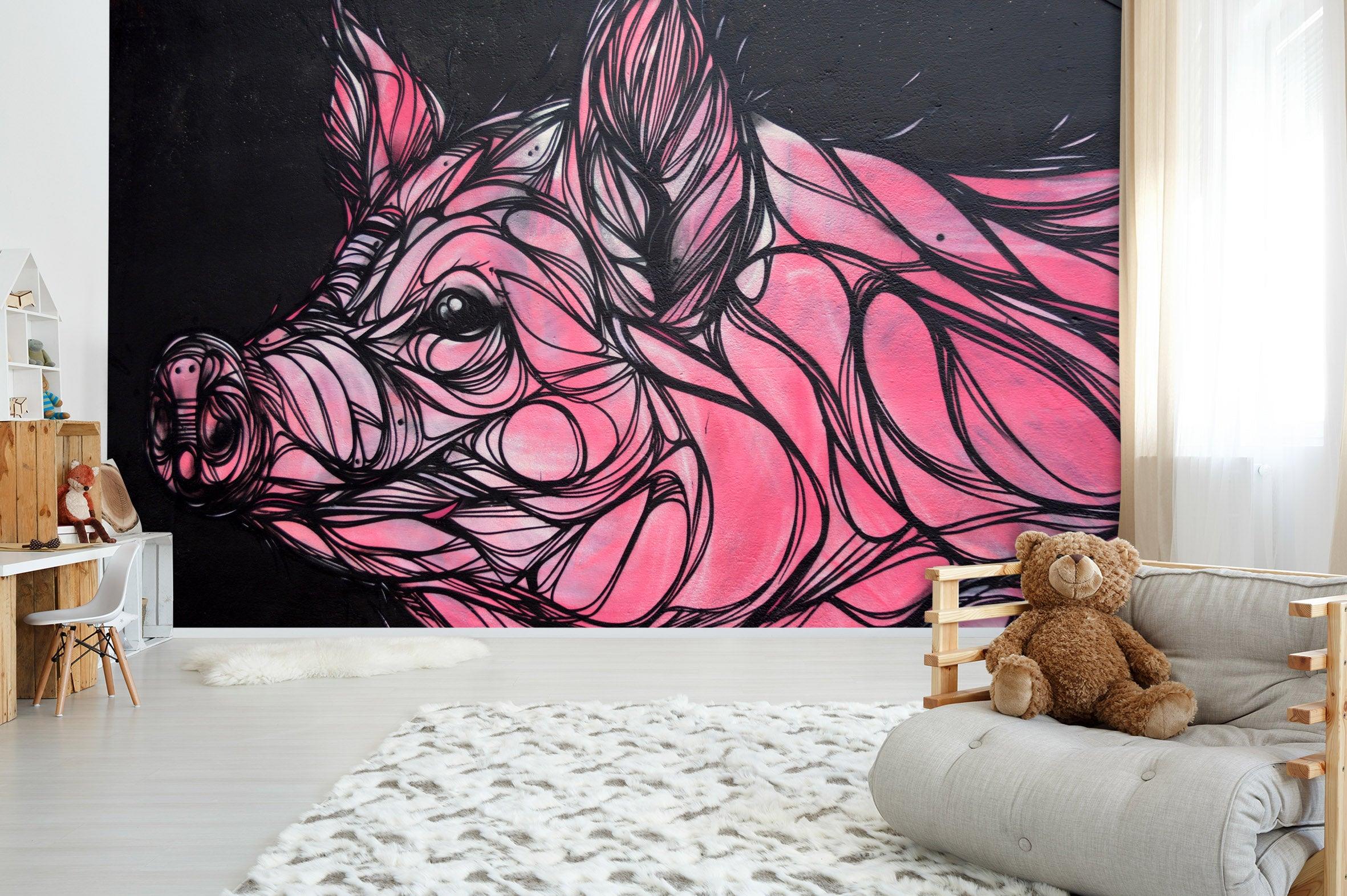 3D Pink Line Draw Pig Wall Mural Wallpaper B101- Jess Art Decoration