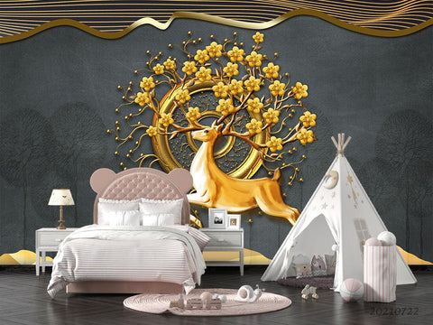 3D Embossed Golden Floral Elk Wall Mural Wallpaper LQH 365- Jess Art Decoration
