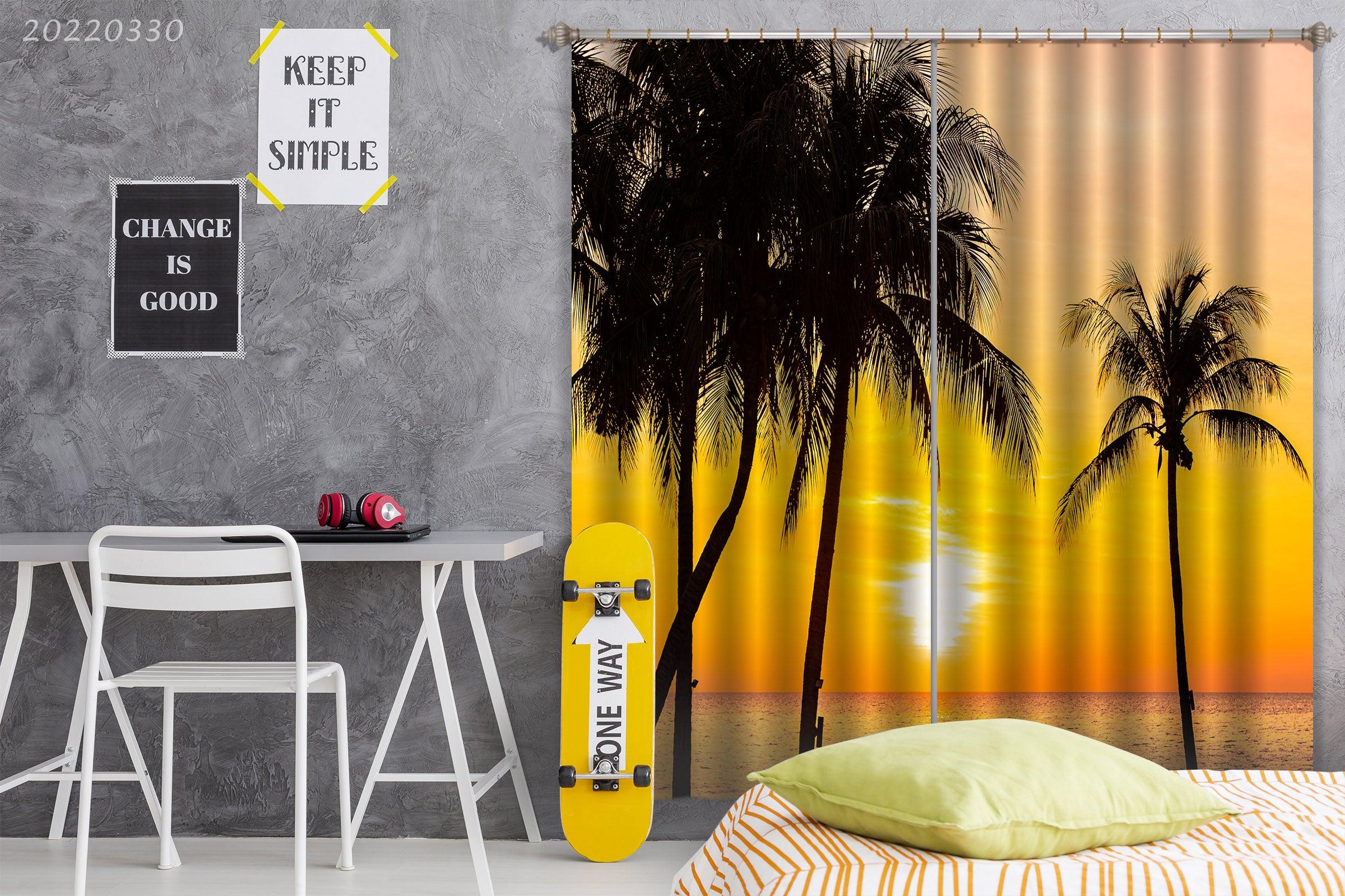 3D Landscape Ocean Silhouette Coconut Tree Sunset Curtains and Drapes GD 3751- Jess Art Decoration