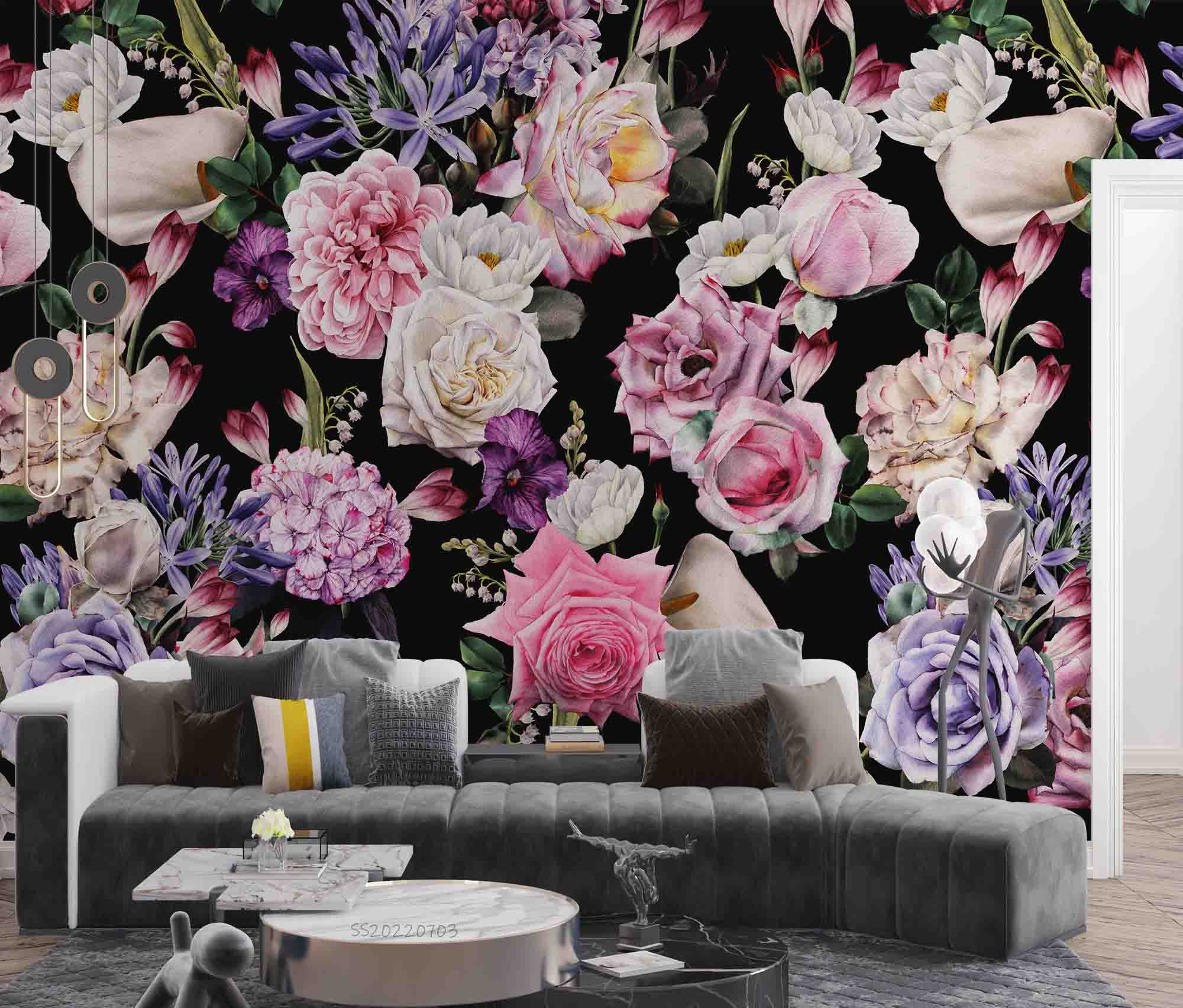 3D Vintage Colorful Flowers Black Background Wall Mural Wallpaper GD 1074- Jess Art Decoration