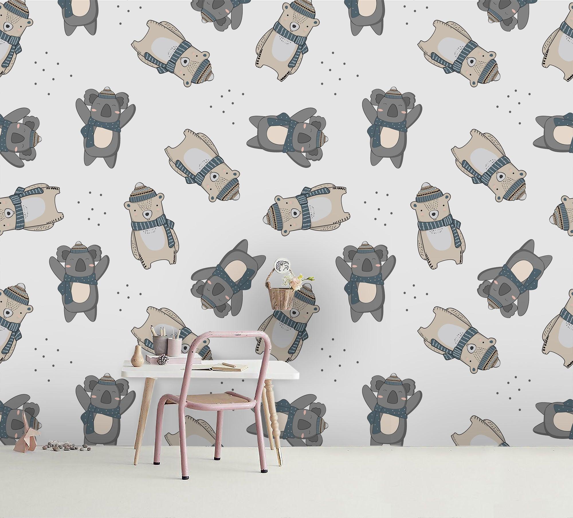 3D Cartoon Grey Bear Wall Mural Wallpaper A184 LQH- Jess Art Decoration