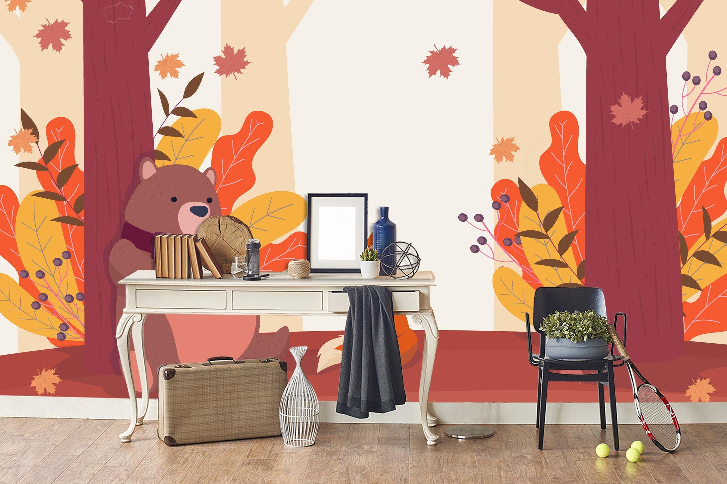 3D Cartoon Autumn Forest Bear Wall Mural Wallpaper 55- Jess Art Decoration