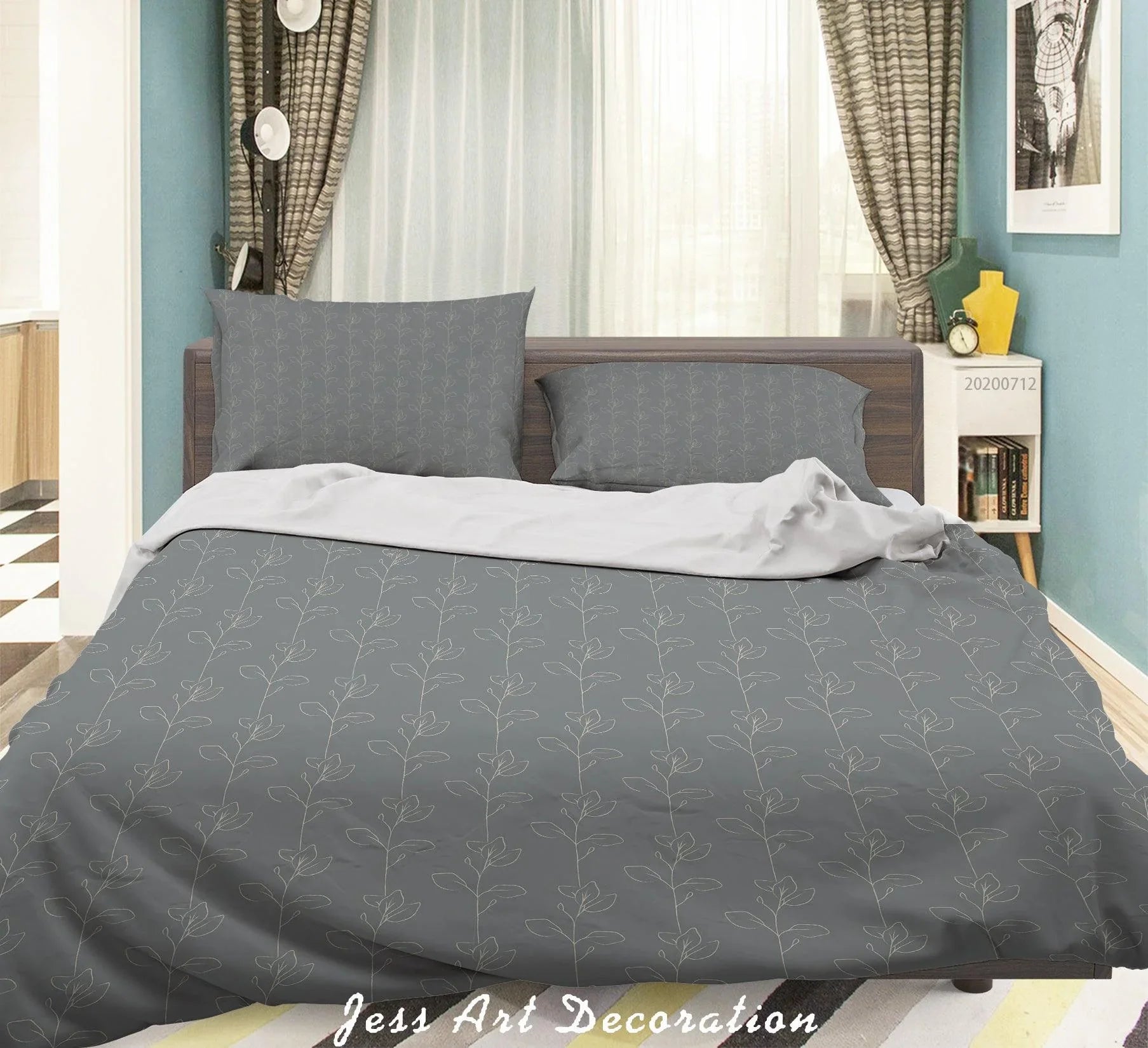 3D Fresh Abstract Gray Line Drawing Leaves Floral Pattern Quilt Cover Set Bedding Set Duvet Cover Pillowcases WJ 4055- Jess Art Decoration