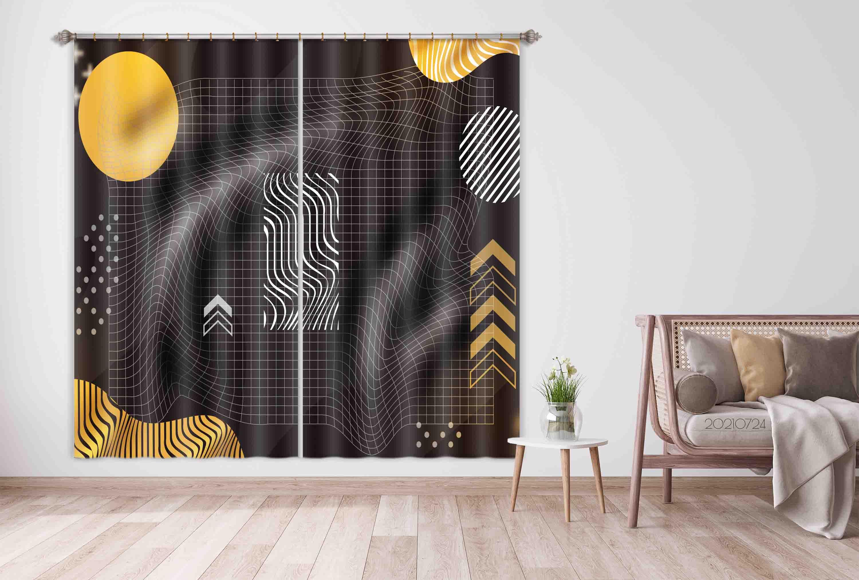 3D Abstract Black Gold Geometry Curtains and Drapes LQH 50- Jess Art Decoration