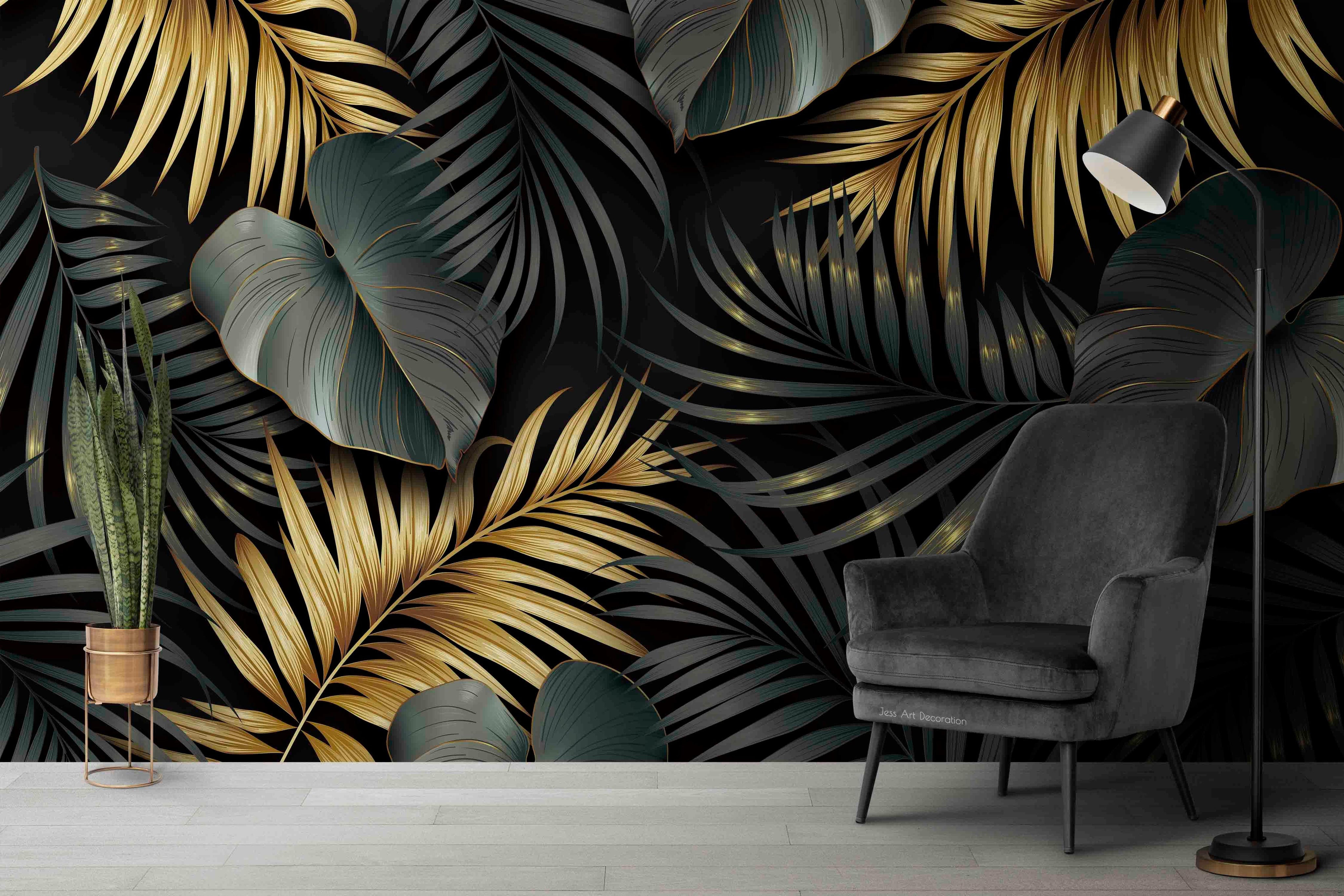 3D Tropical Plant Green Golden Leaf Wall Mural Wallpaper GD 3070- Jess Art Decoration