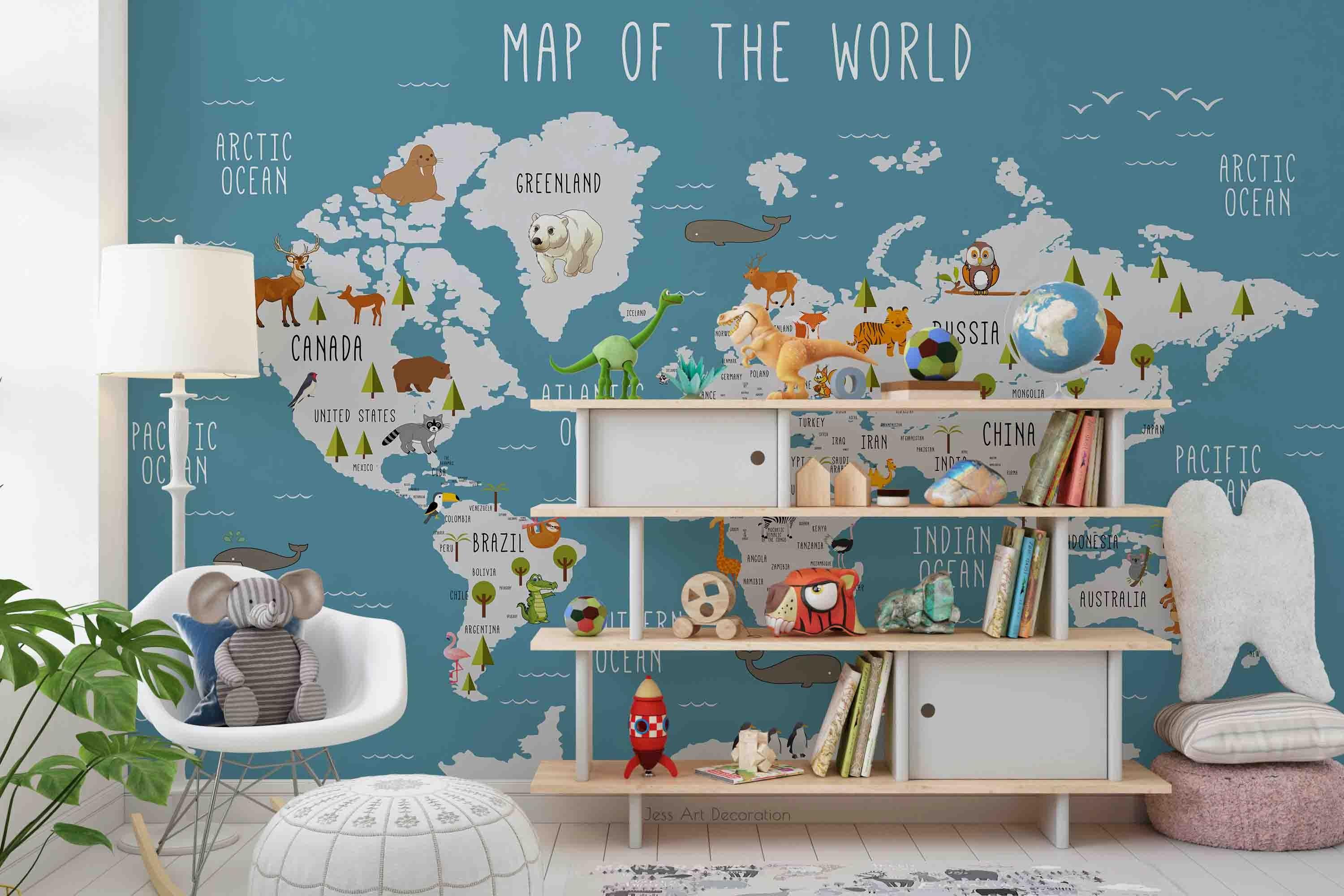 3D World Map Animal Wall Mural Wallpaper GD 2646- Jess Art Decoration