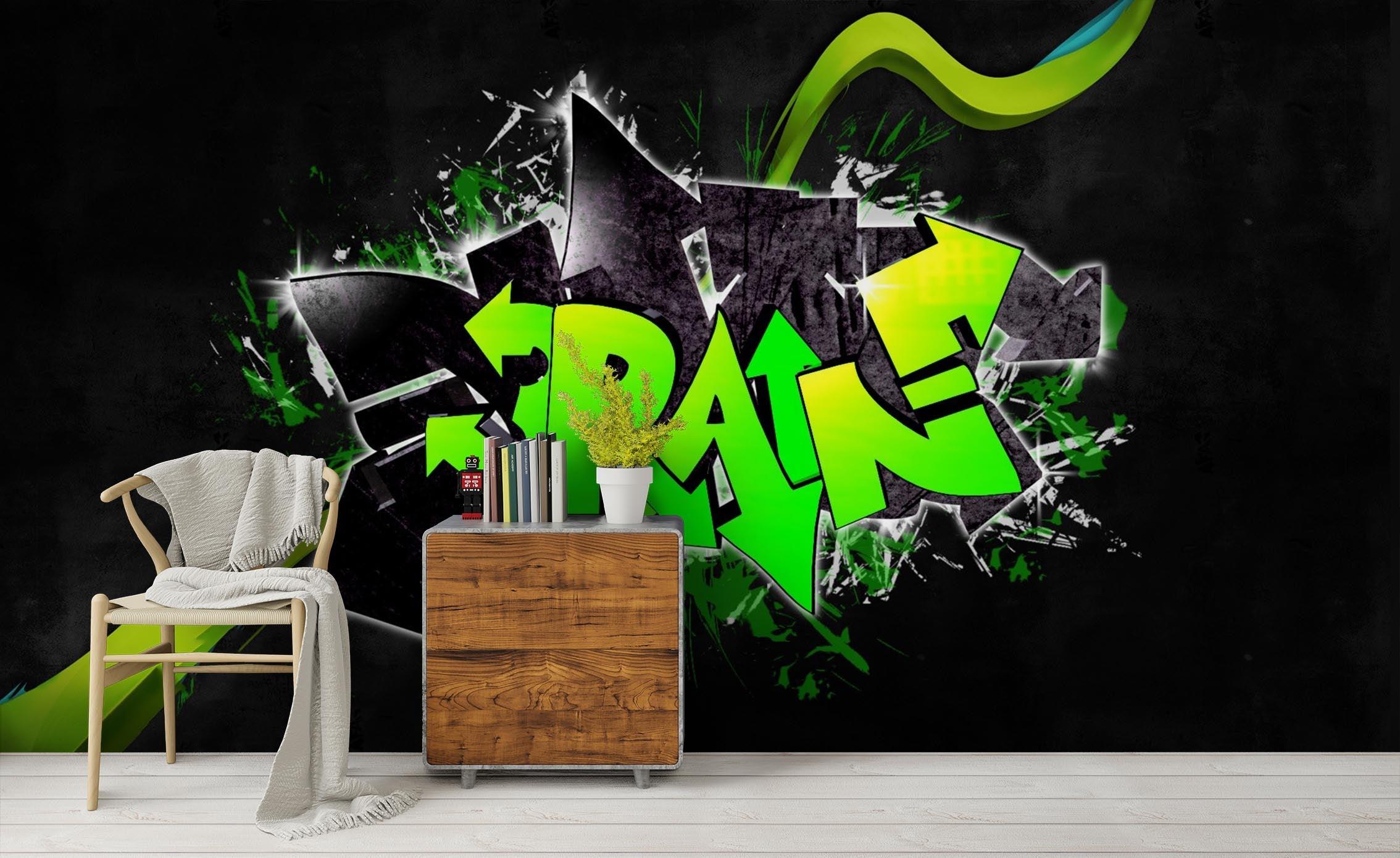 3D Black Green Graffiti Art Letter Wall Mural Wallpaper ZY D18- Jess Art Decoration