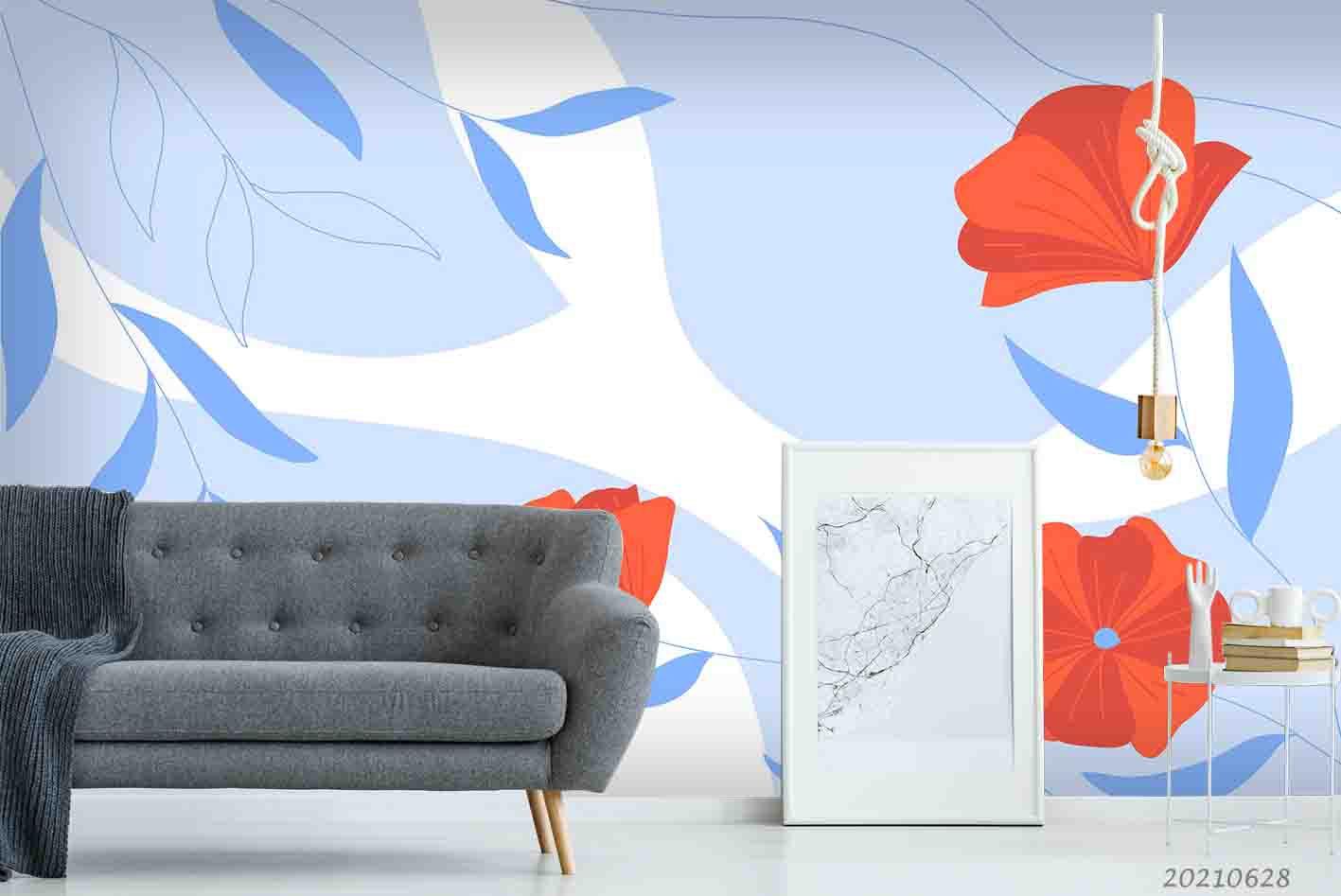 3D Abstract Blue Leaf Red Floral Wall Mural Wallpaper LQH 219- Jess Art Decoration