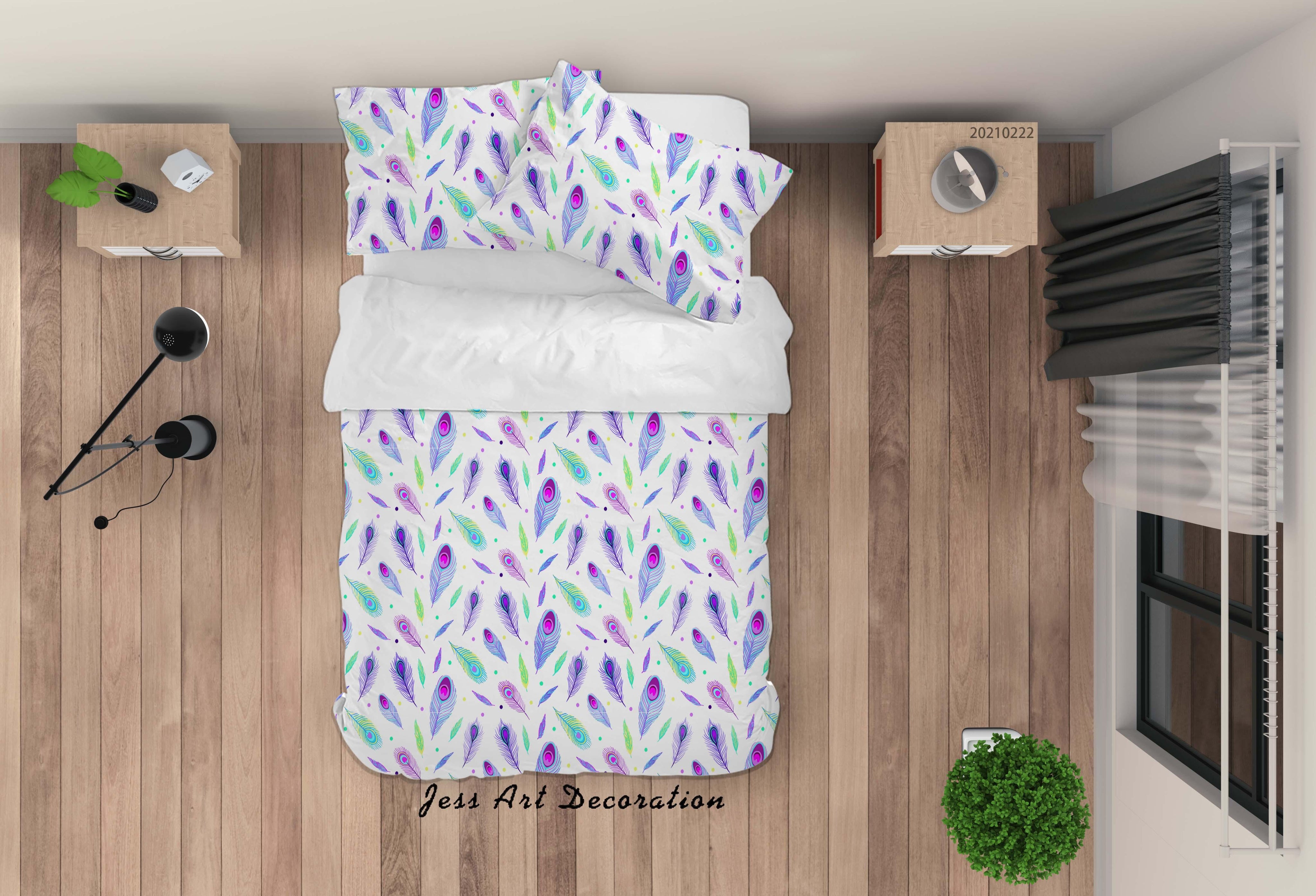 3D Watercolor Peacock Feather Quilt Cover Set Bedding Set Duvet Cover Pillowcases 140- Jess Art Decoration