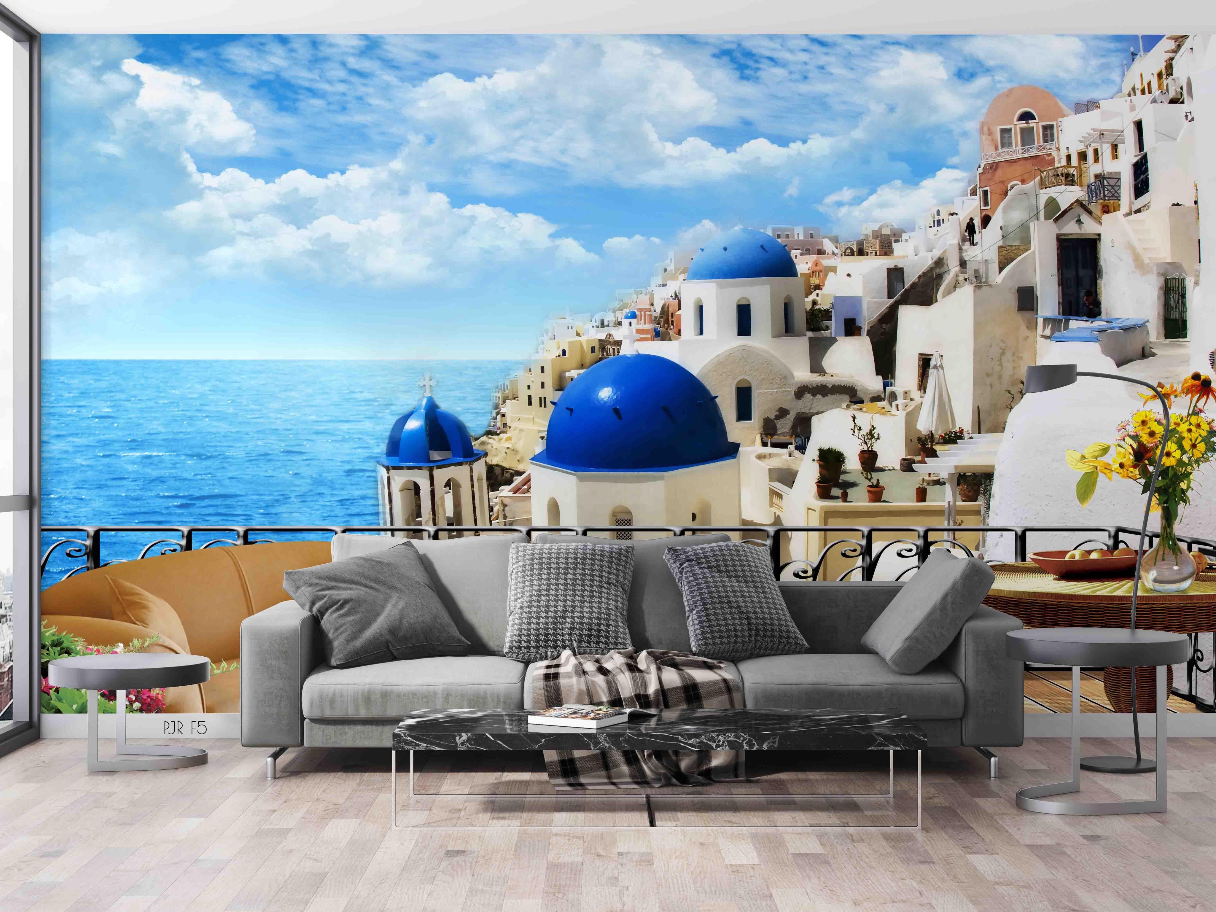 3D Santorini Sea View Santorini seaside architecture wall mural wallpaper for living room - view 2