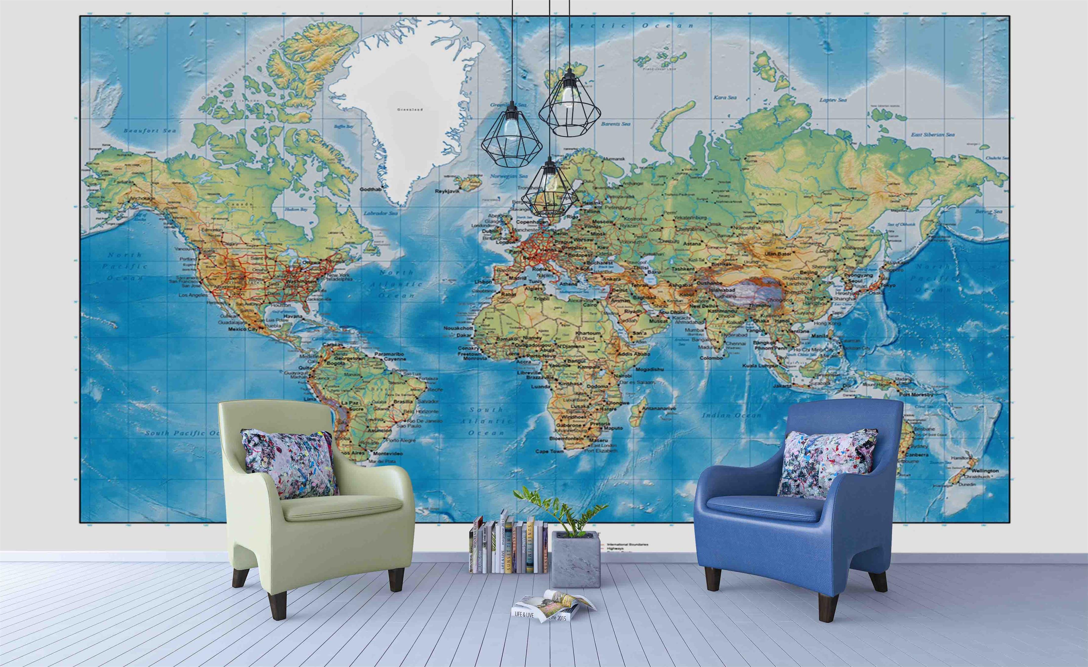 3D Blue World Map Wall Mural Wallpaper SF24- Jess Art Decoration
