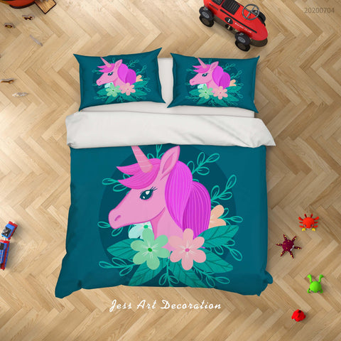3D Green Floral Unicorn Quilt Cover Set Bedding Set Duvet Cover Pillowcases SF251- Jess Art Decoration