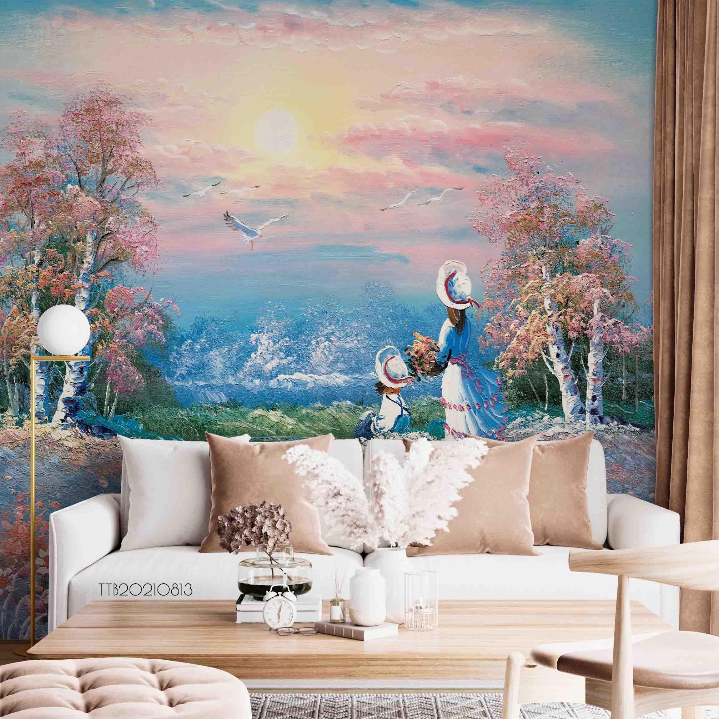 3D Hand-painted Rural Girl Forest Bird Wall Mural Wallpaper SWW5084- Jess Art Decoration