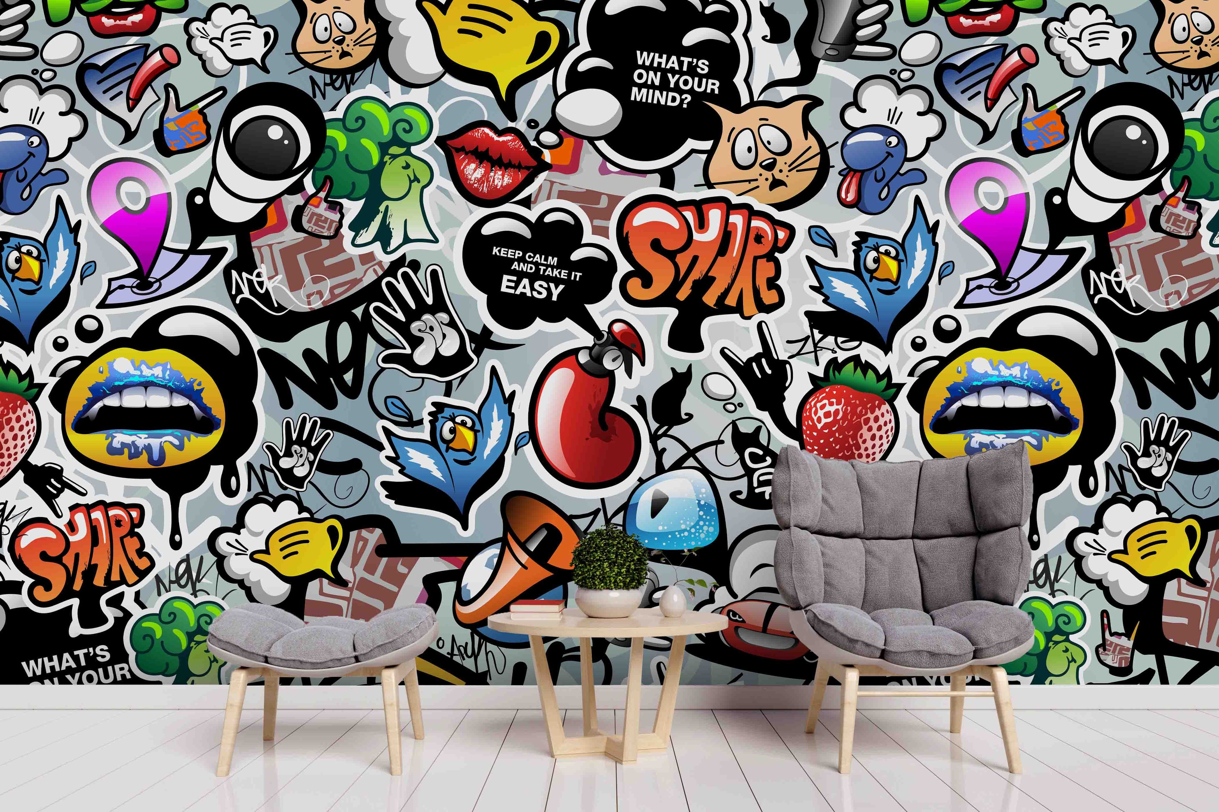 3D Colourful Cartoon Pattern Bird Strawberry Cat Letter Wall Mural Wallpaper 10