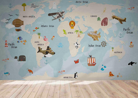 3D World Map Airplane Kids Wall Mural Wallpaper LQH 254- Jess Art Decoration