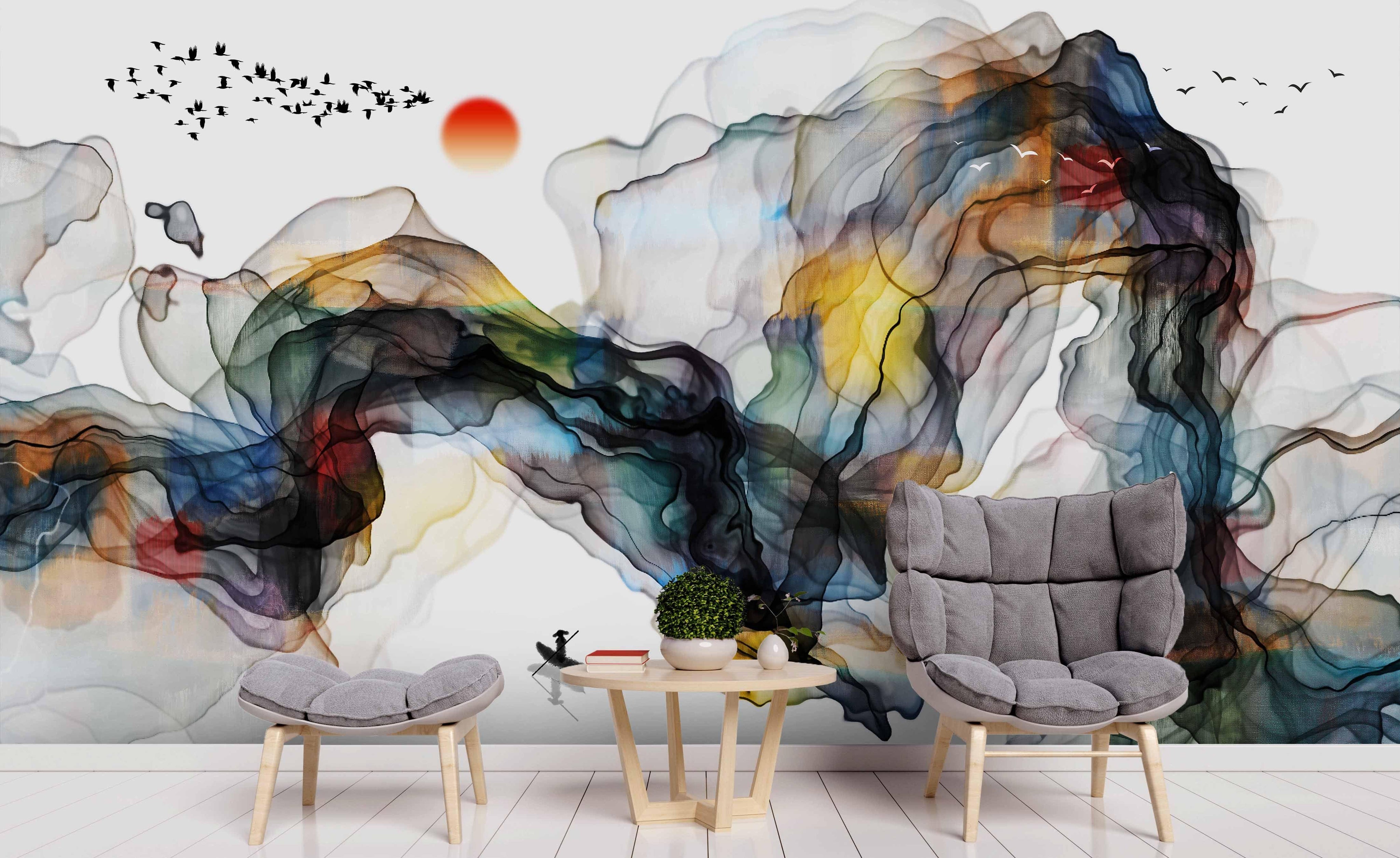 3D Chinese Abstract Mountain Sun Wall Mural Wallpaper 104- Jess Art Decoration