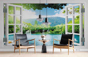 3D Window Green Mountain Plant Tree Scenery Wall Mural Wallpaper LXL- Jess Art Decoration