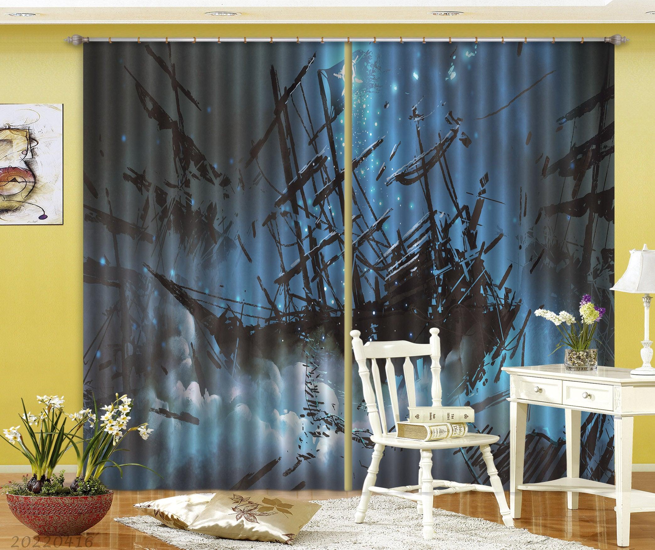 3D Ship Pirate Skull Flag Night Sky Art Illustration Curtains and Drapes GD 4599- Jess Art Decoration