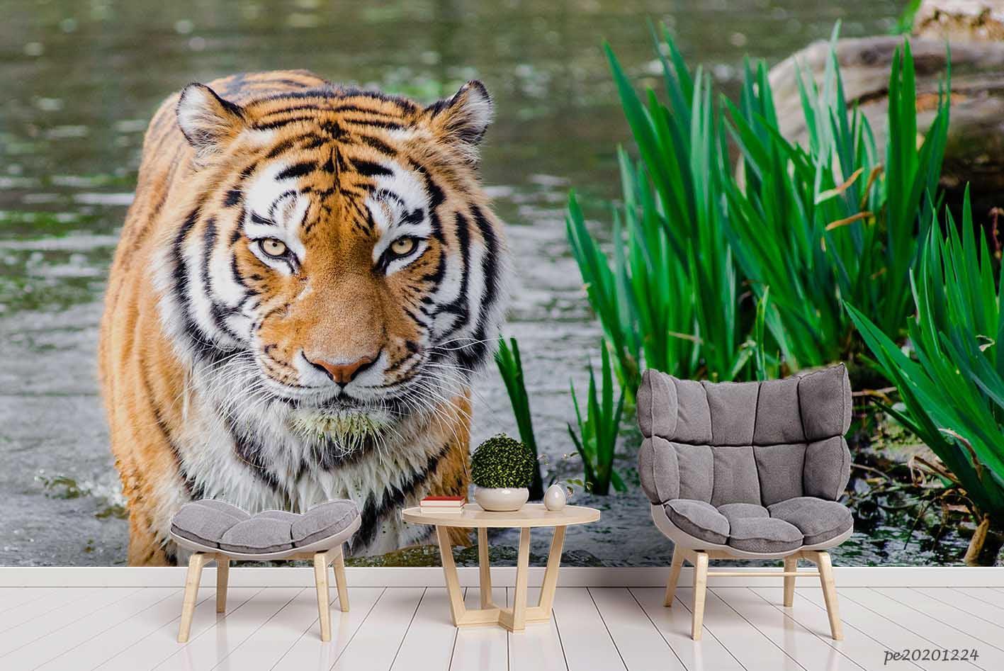 3D Lake Green Leaf Tiger Wall Mural Wallpaper LQH 660- Jess Art Decoration