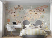 3D World Map Cartoon Animal Aircraft Balloon Wall Mural Wallpaper GD 863- Jess Art Decoration