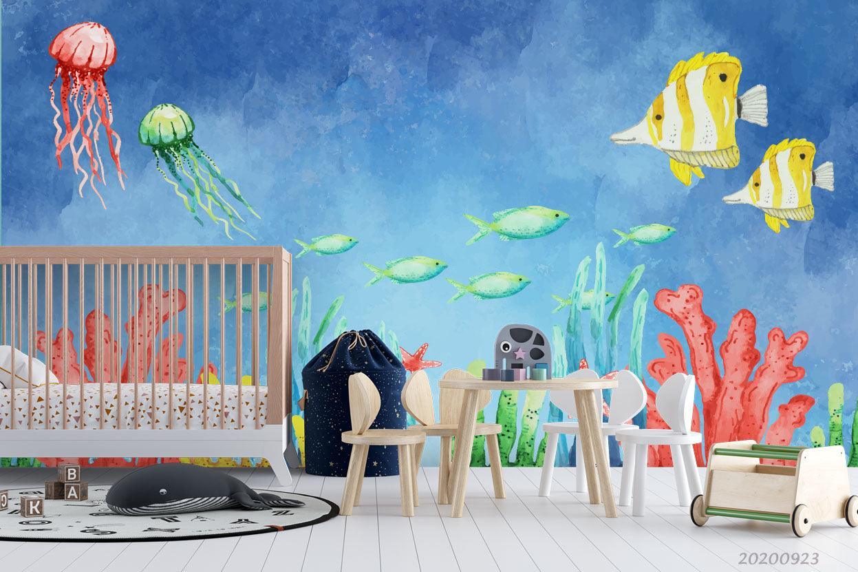 3D Watercolor Ocean World Fishes Wall Mural Wallpaper WJ 3132- Jess Art Decoration
