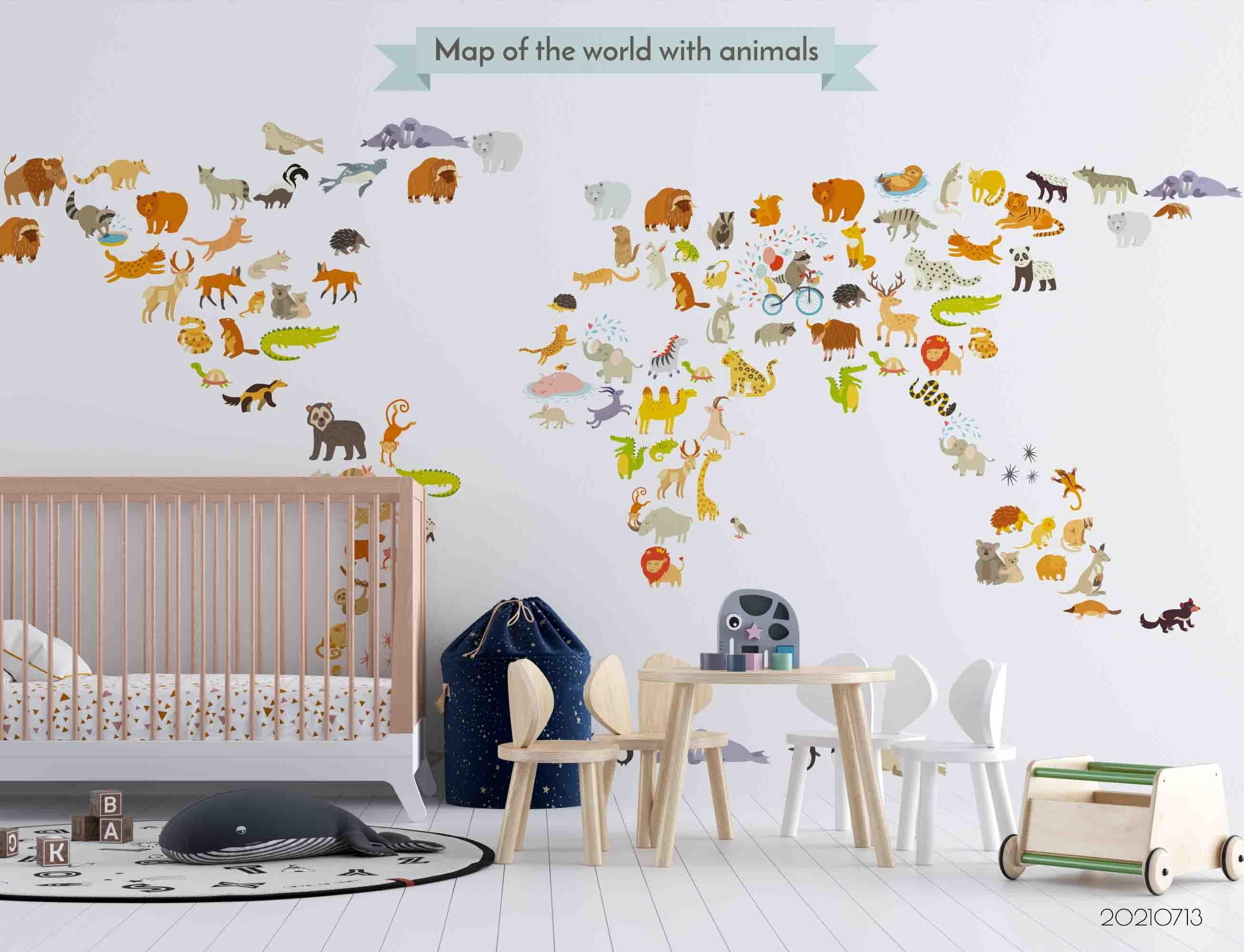 3D Hand Drawn World Map Animals Wall Mural Wallpaper LQH 152- Jess Art Decoration