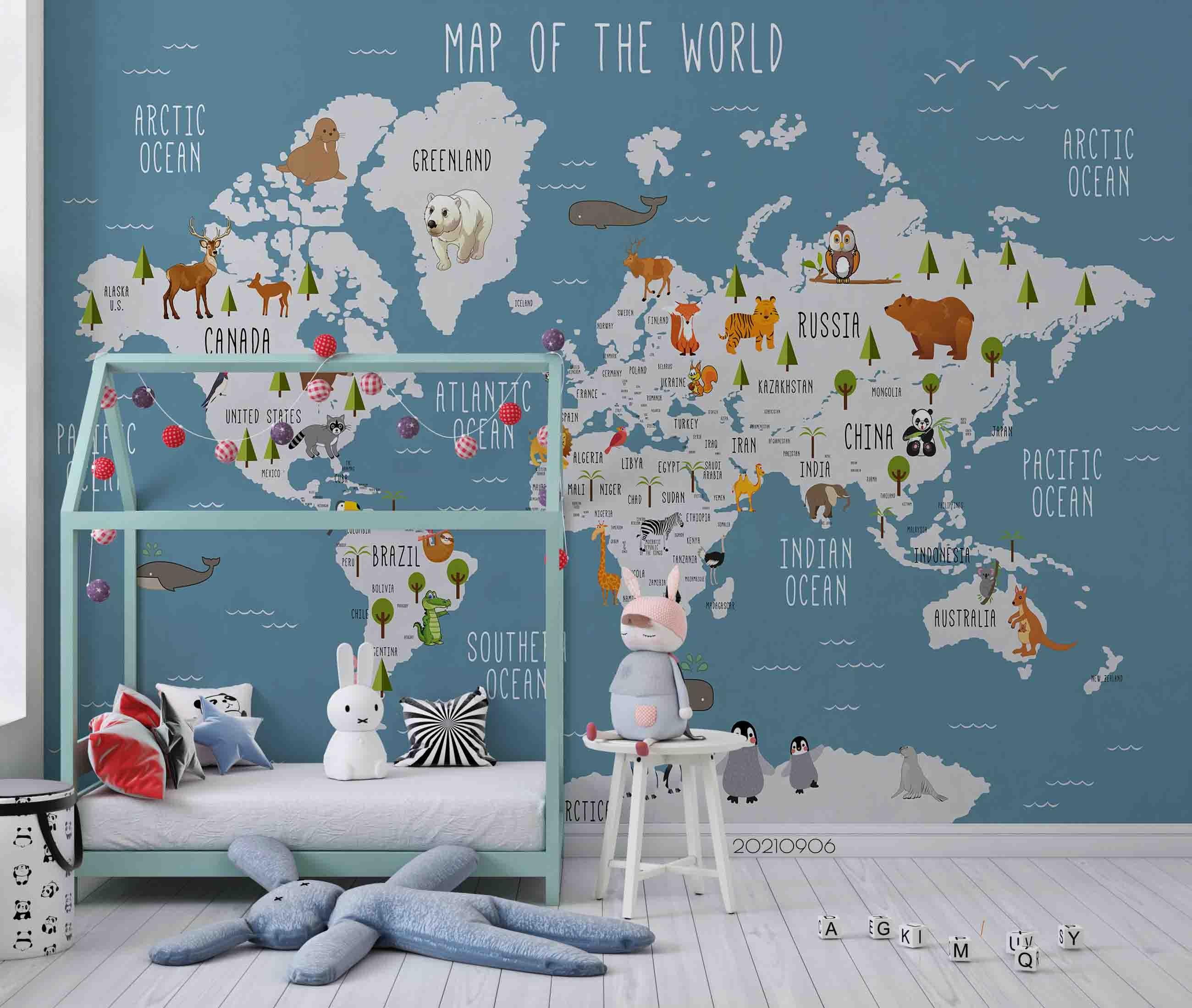3D Blue World Map Animals Wall Mural Wallpaper LQH 536- Jess Art Decoration