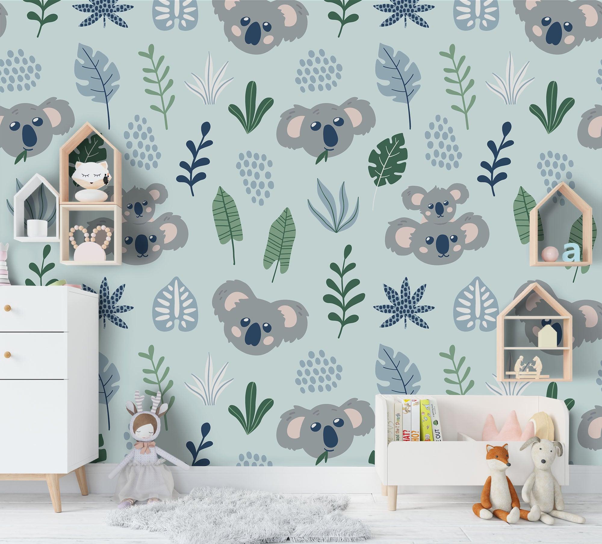 3D Cartoon Koala Leaves Wall Mural Wallpaper A178 LQH- Jess Art Decoration