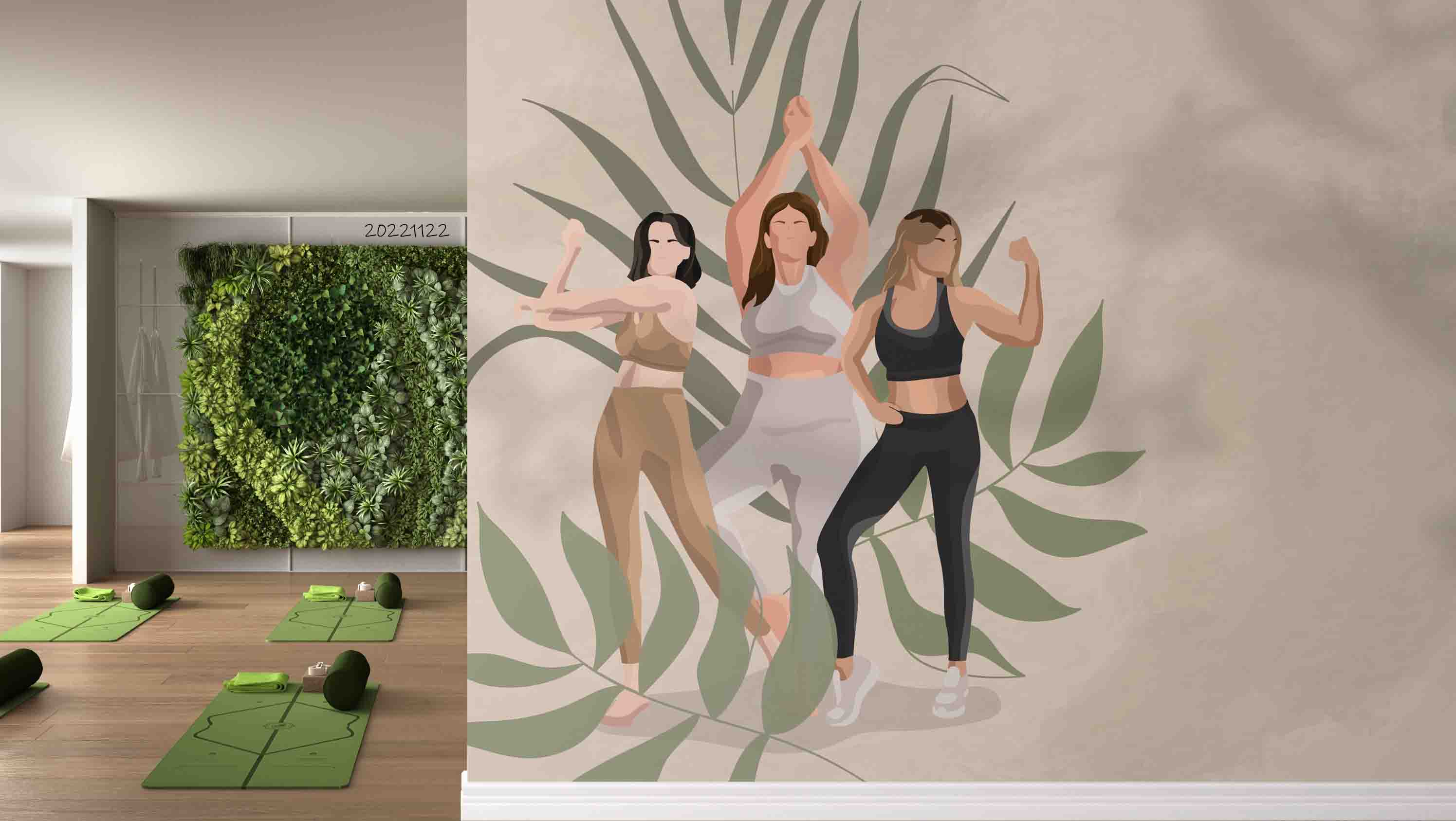 3D Women Yoga Fitness Lifestyle Leaves Background Wall Mural Wallpaper GD 2488- Jess Art Decoration